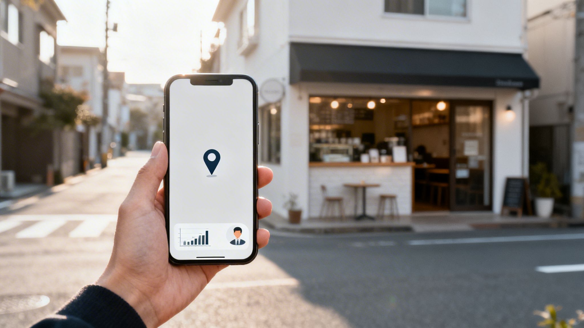 Hand holding smartphone displaying location and analytics in front of a cafe on a street.
