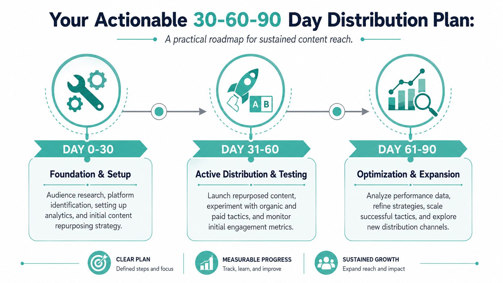 A 30-60-90 day infographic roadmap for establishing, testing, and optimizing content distribution strategies for sustained growth.