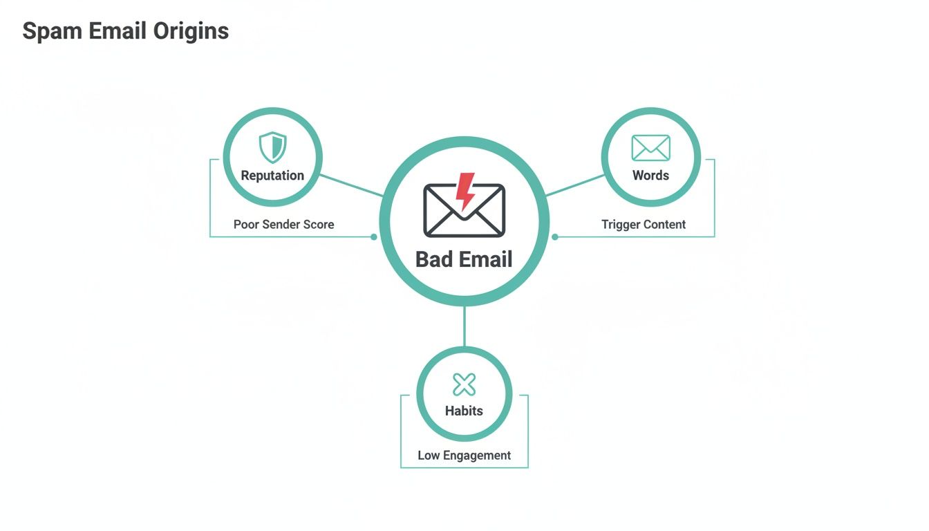 A diagram titled 'Spam Email Origins' showing how Reputation, Words, and Habits lead to a Bad Email.