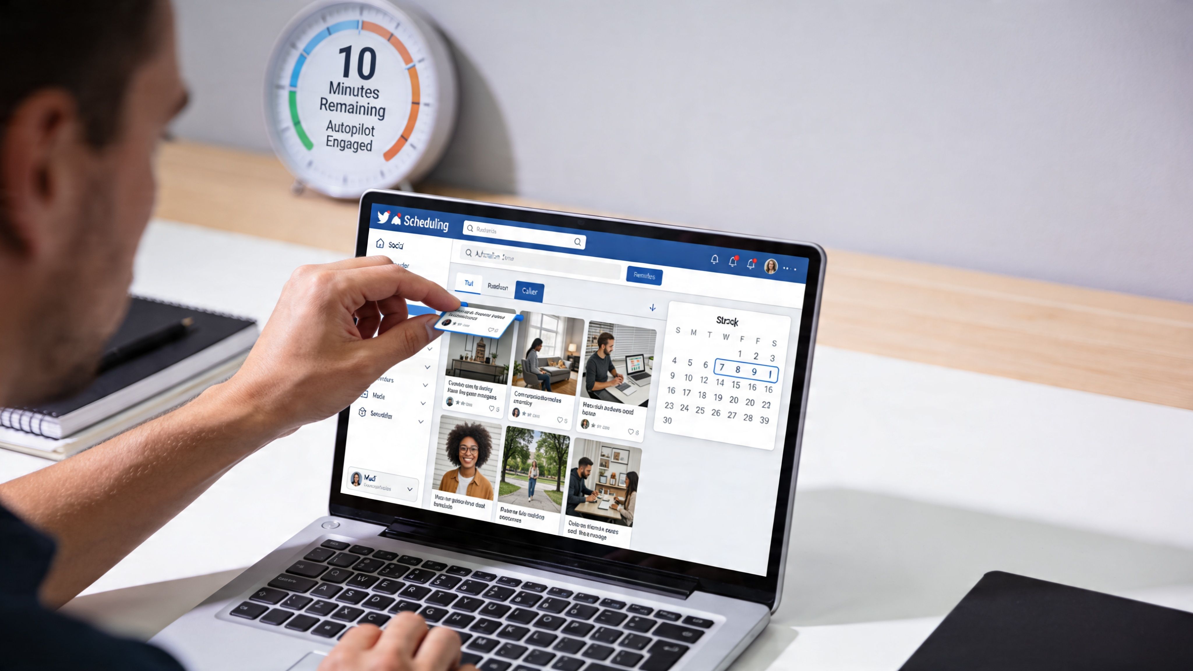 A professional using a laptop to organize social media posts on a digital scheduling content calendar platform.