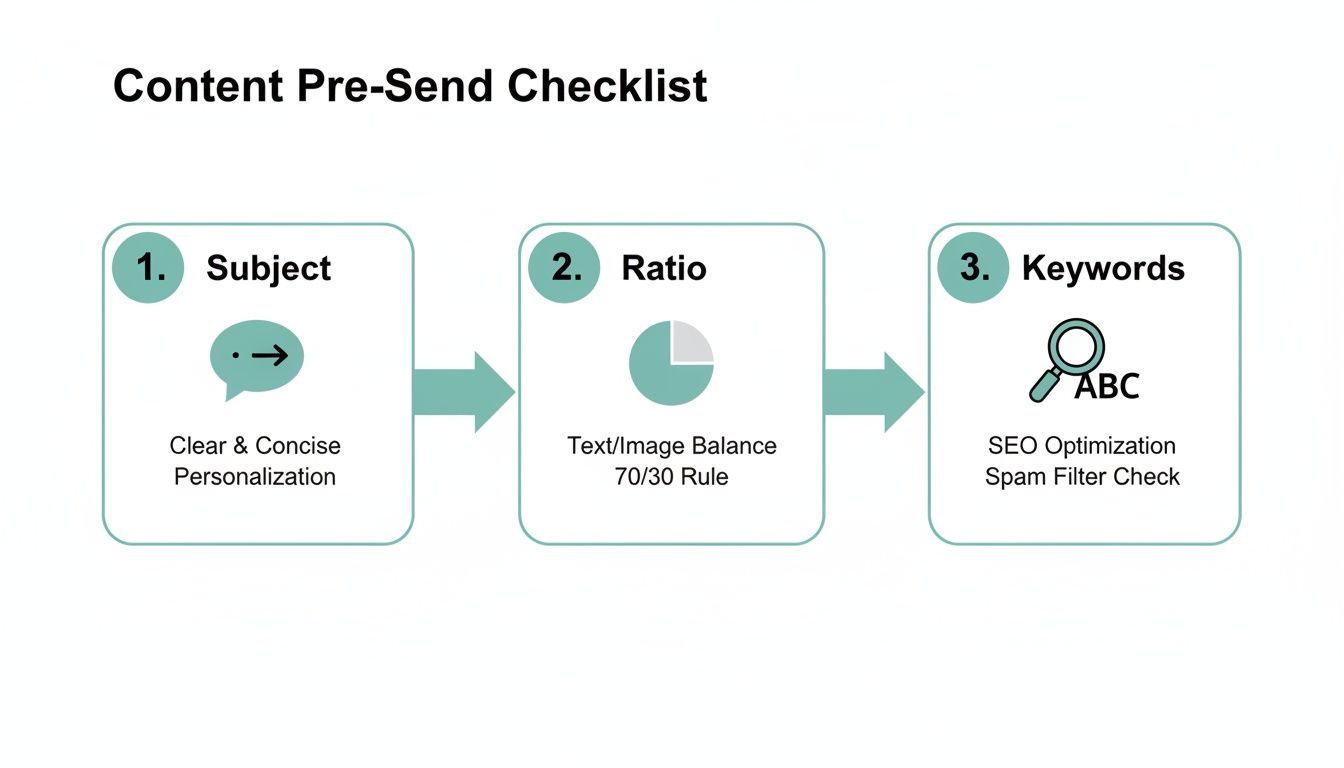 A content pre-send checklist illustrating steps for subject, text/image ratio, and keywords for optimal delivery.