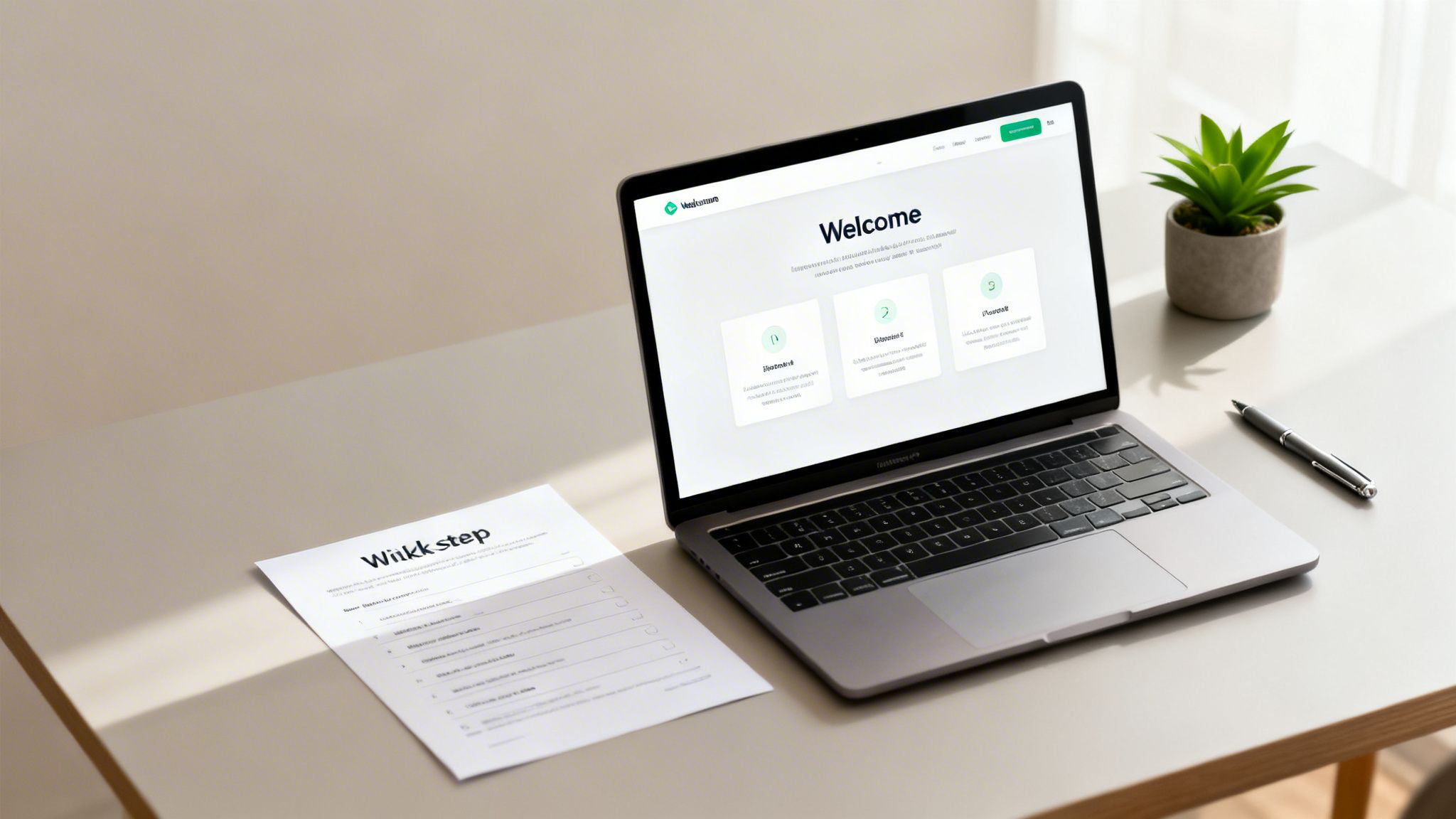A sleek laptop on a clean desk displays a 'Welcome' page, alongside a document and a potted plant.
