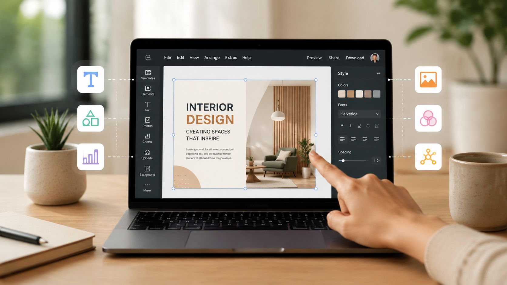 A person using a laptop to edit interior design content using an intuitive online graphic design tool.