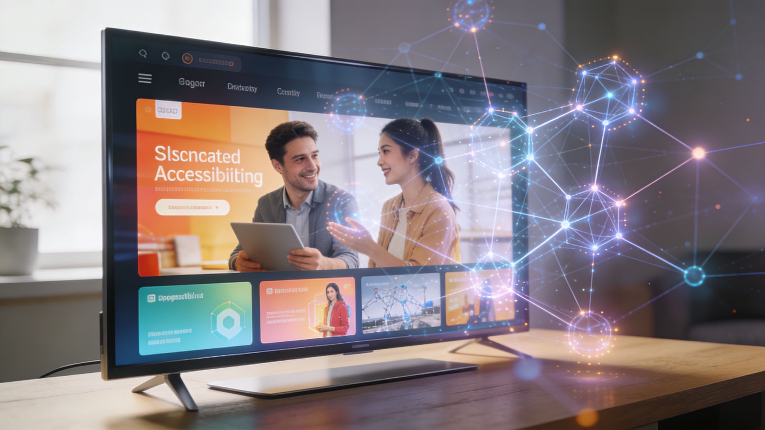 A flat screen television displaying a digital interface with a business presentation and holographic network connectivity elements.