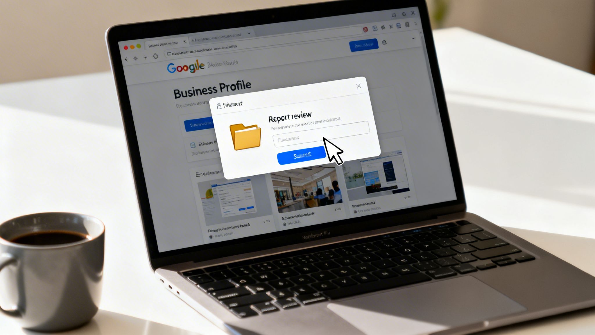 Laptop displaying Google Business Profile, a 'Report review' popup, and a cursor on the submit button.