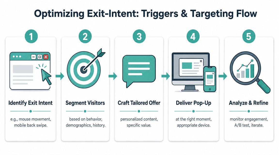 A five-step infographic showing the flow for optimizing website exit-intent triggers and targeting strategies.