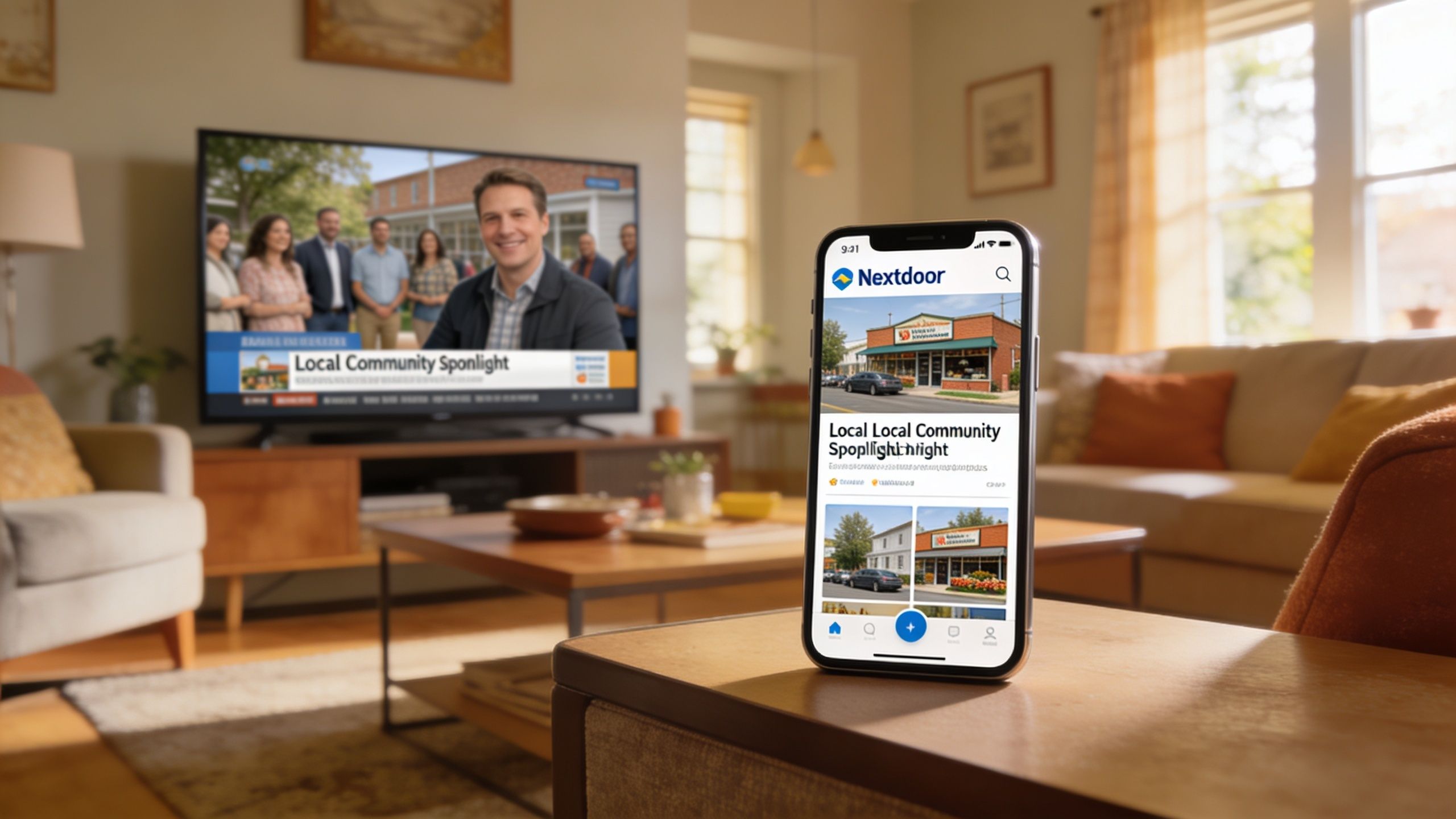 A smartphone displaying the Nextdoor app, with a matching local community spotlight segment playing on a nearby television.
