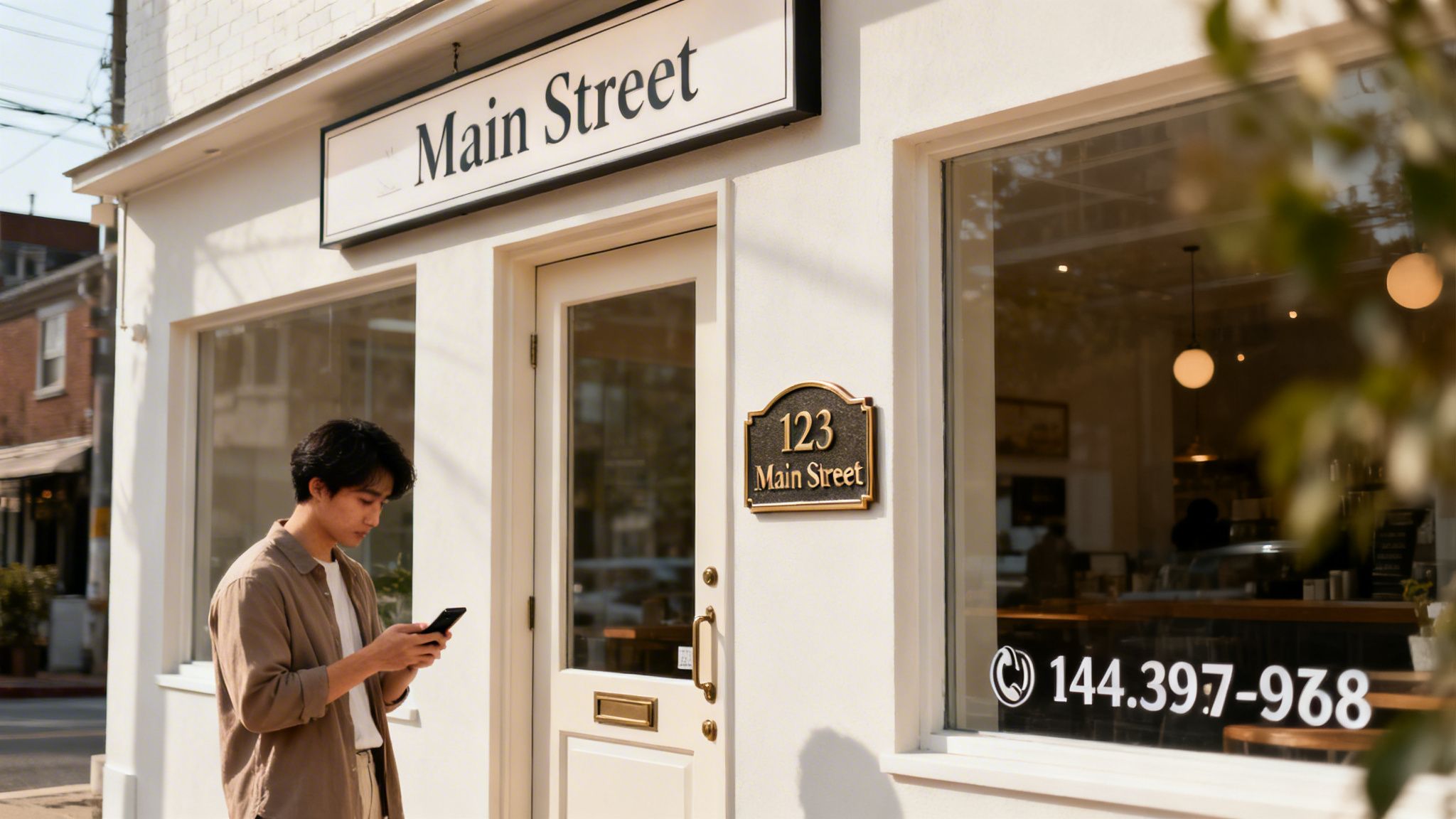 A person uses a phone outside a 'Main Street' store displaying address 123 and a phone number.