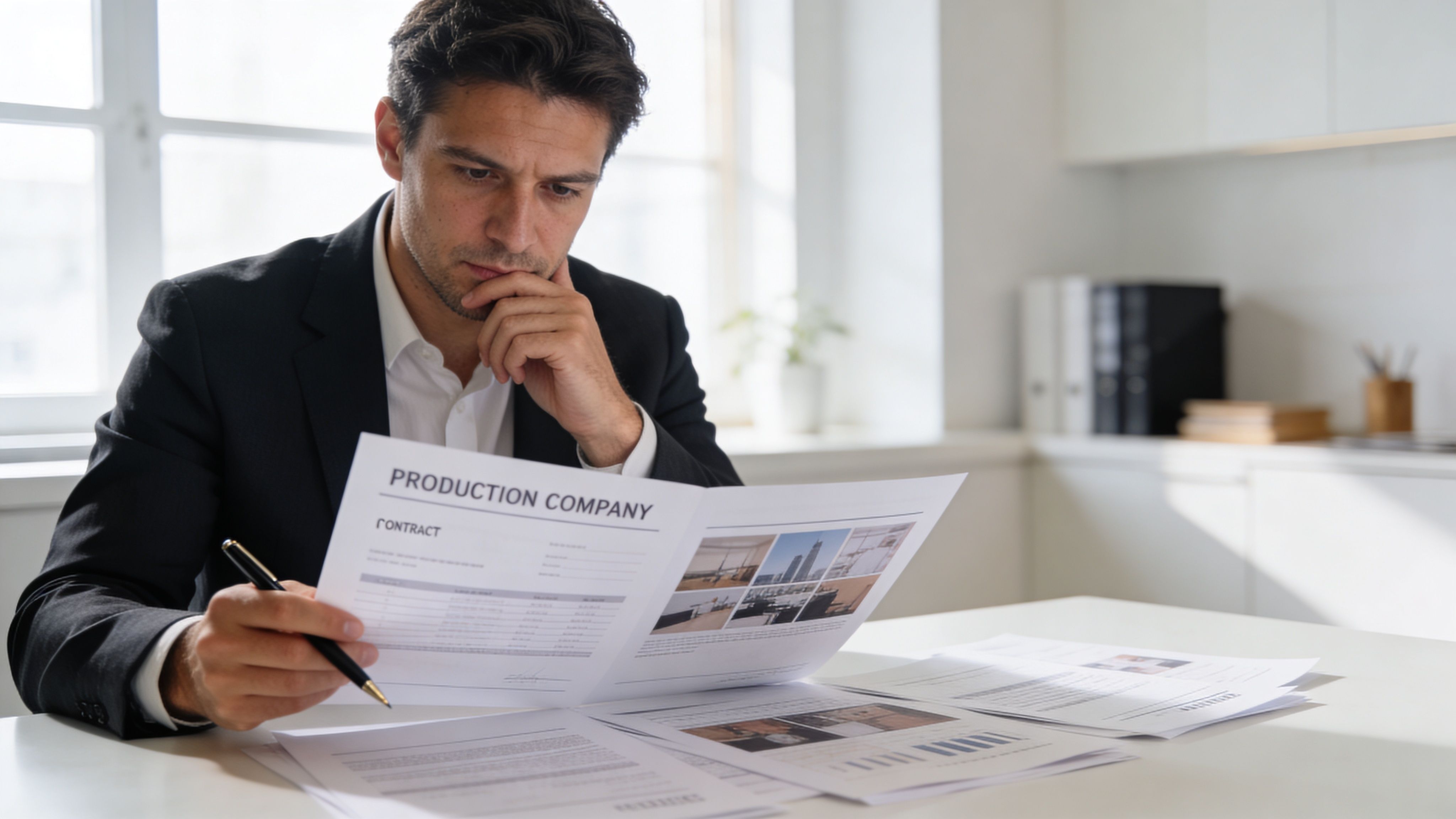 A professional man in a suit carefully reviewing a contract for a tv commercials production company.