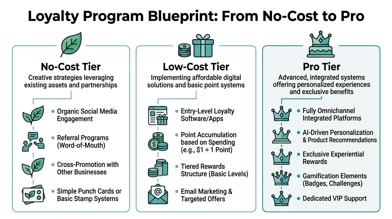 A loyalty program blueprint diagram showing three tiers ranging from no-cost to pro implementation strategies.
