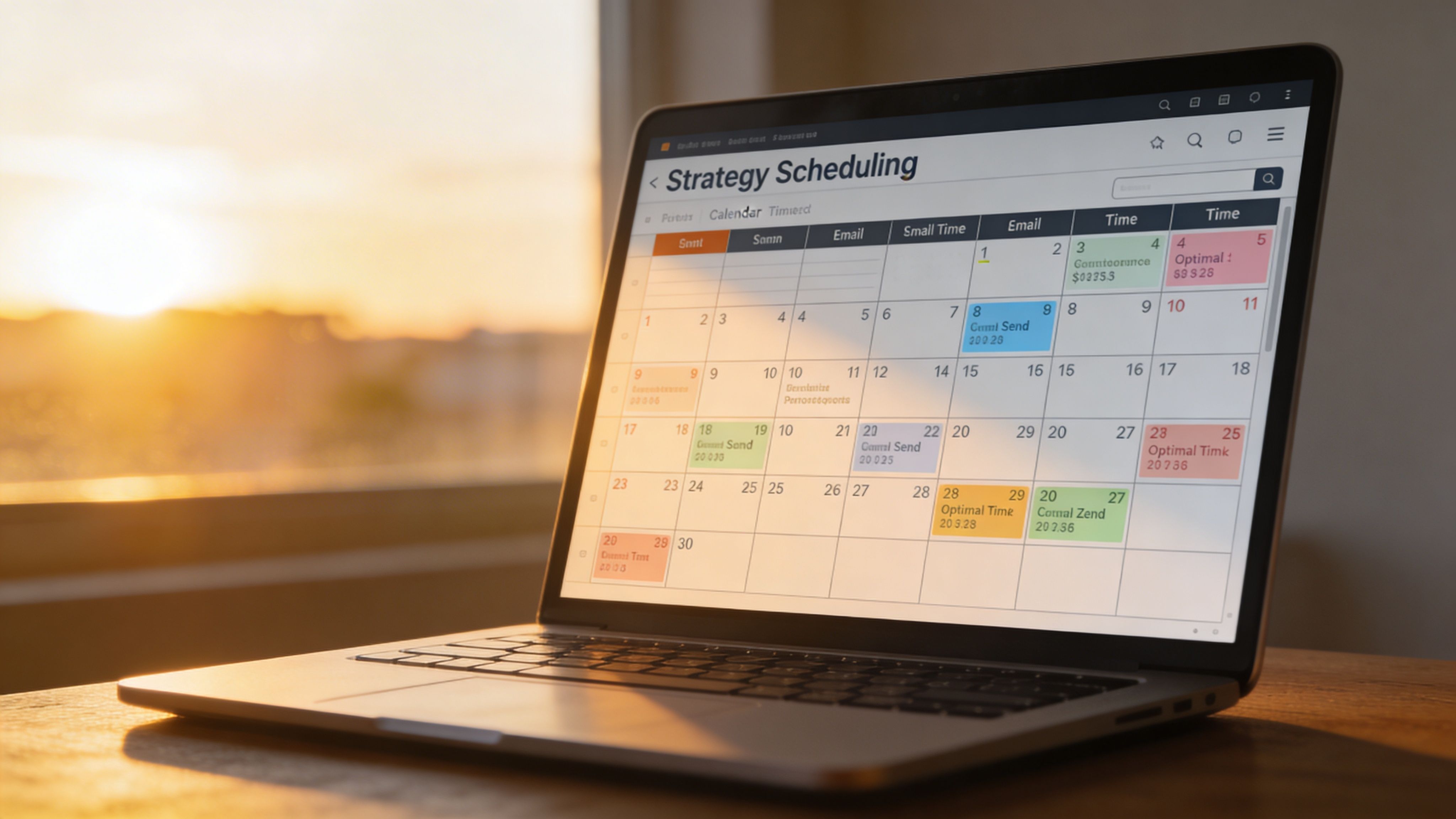 A laptop screen displays a strategy scheduling calendar for planning promotional email marketing campaigns at sunset.