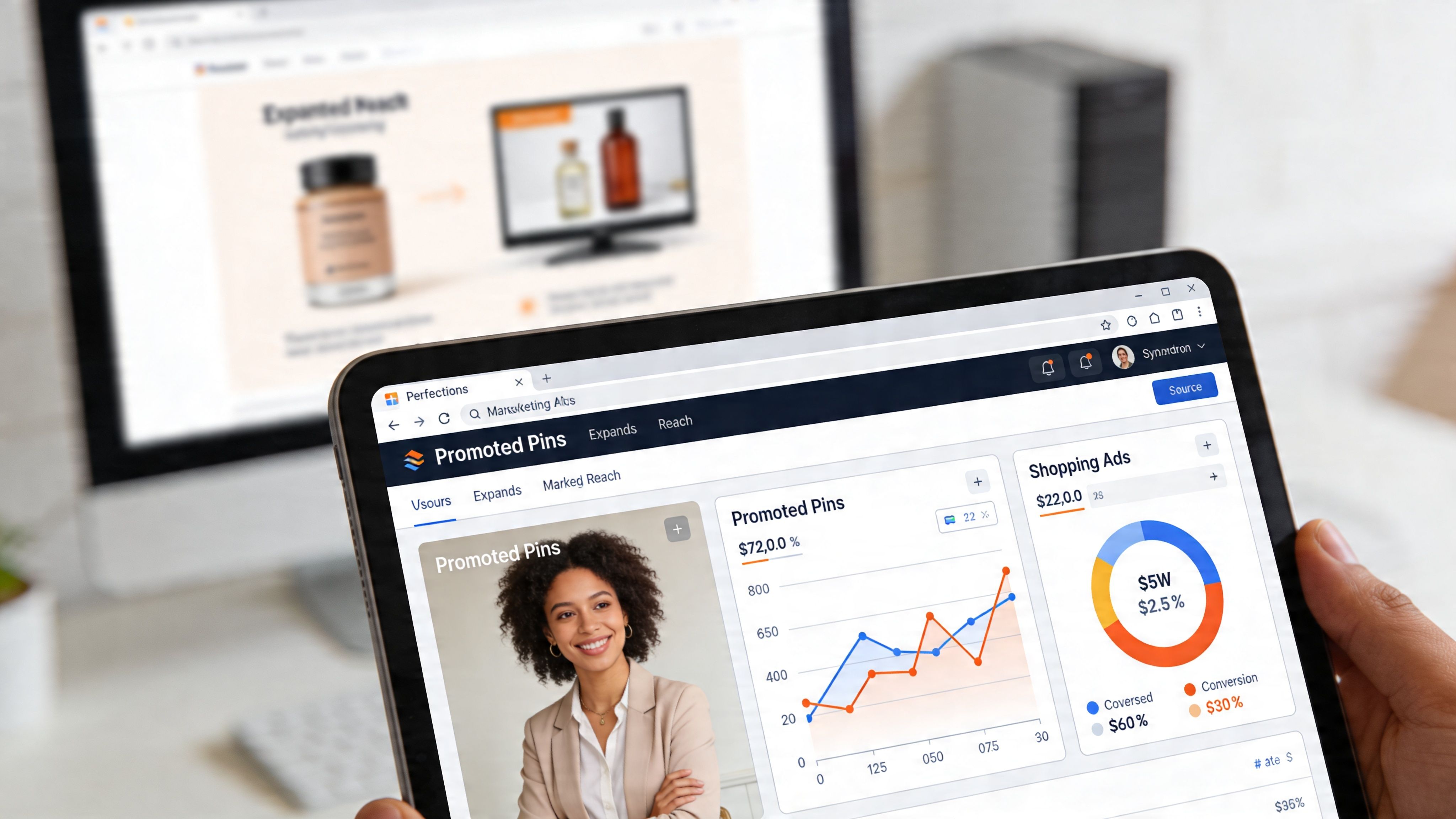 A digital tablet displaying a marketing dashboard with charts and analytics for Promoted Pins and Shopping Ads.