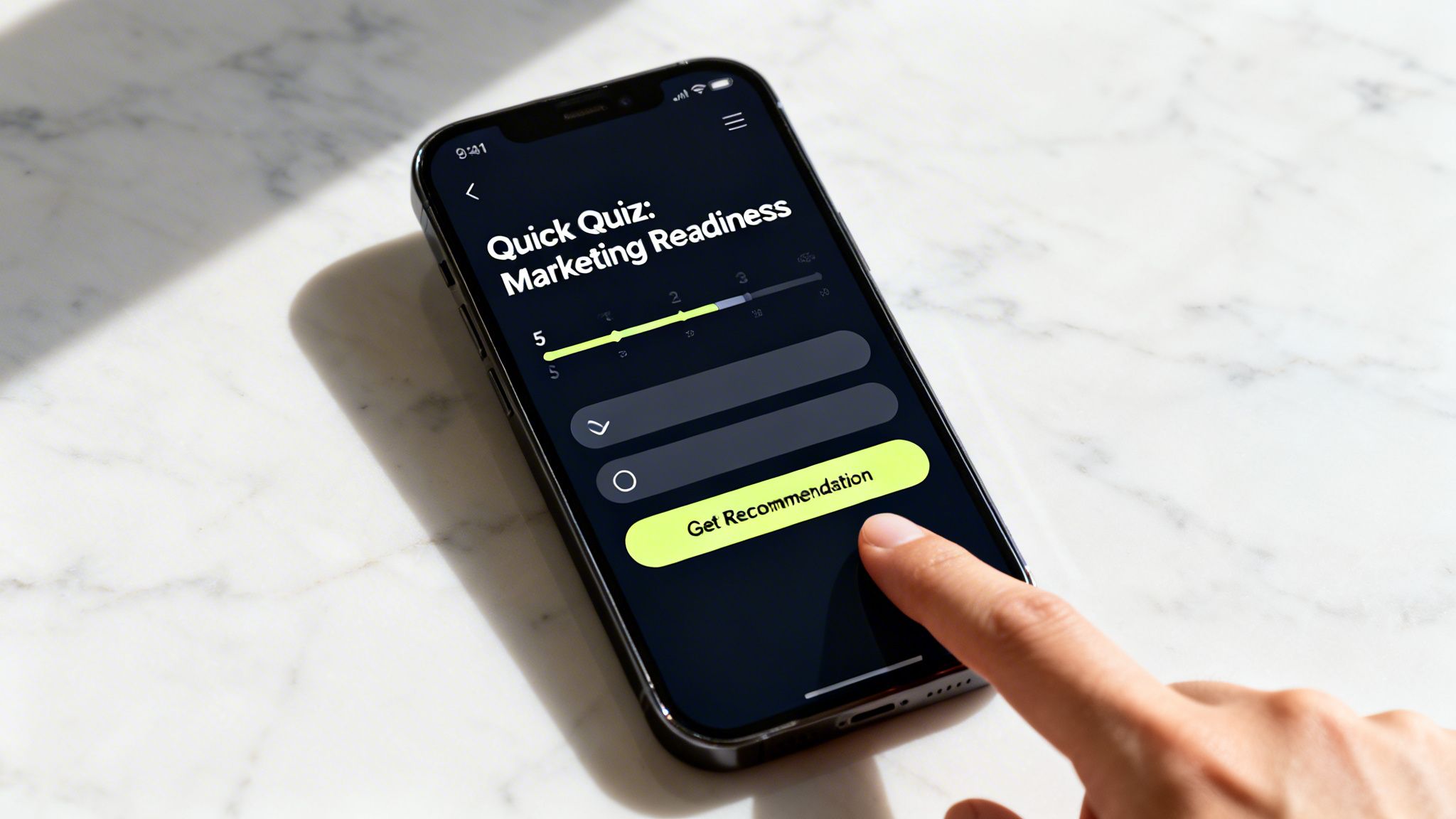 A hand taps 'Get Recommendation' on a smartphone displaying a marketing readiness quiz.