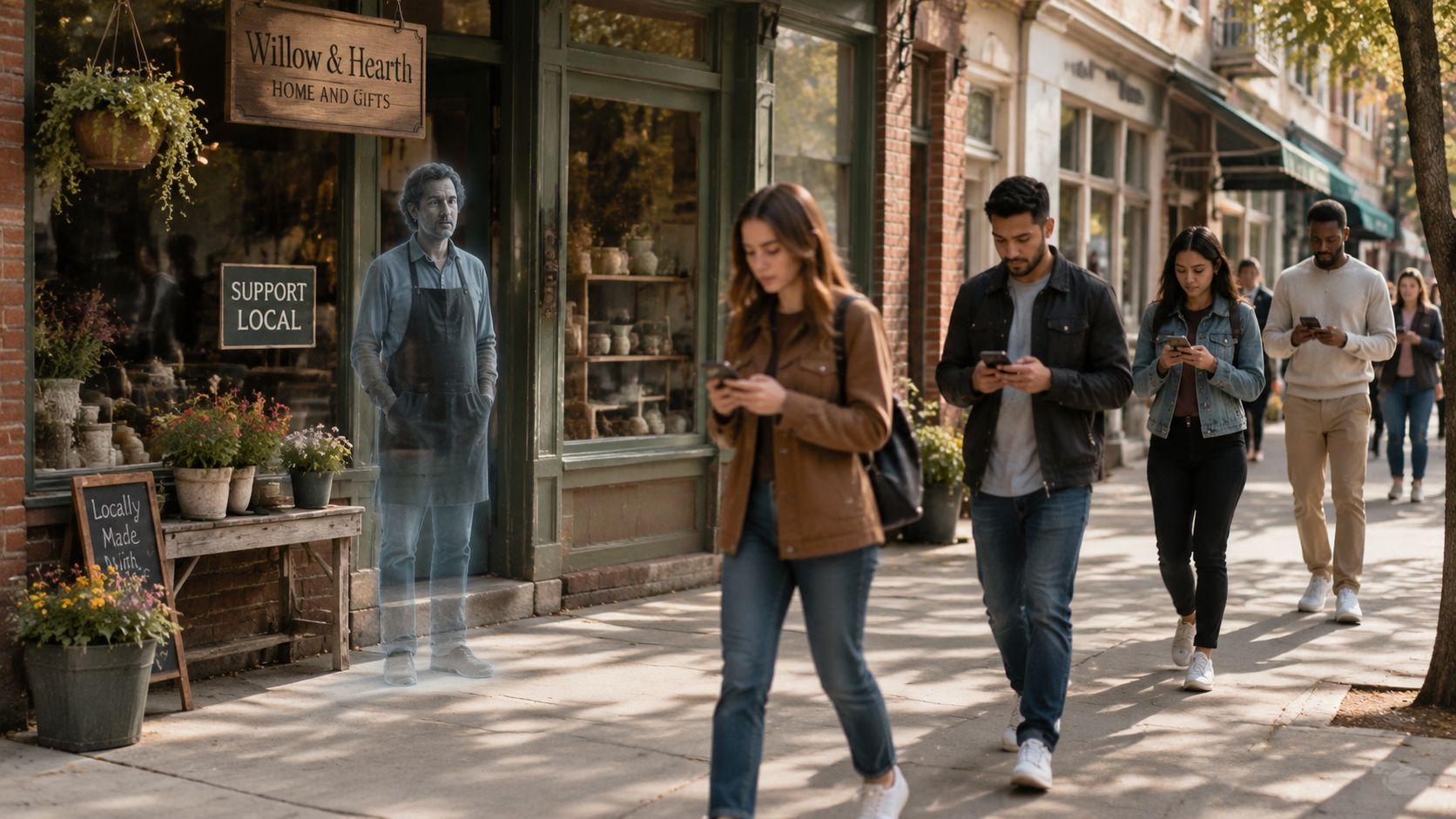 A ghostly shopkeeper stands by a local boutique as distracted pedestrians walk by using their smartphones.