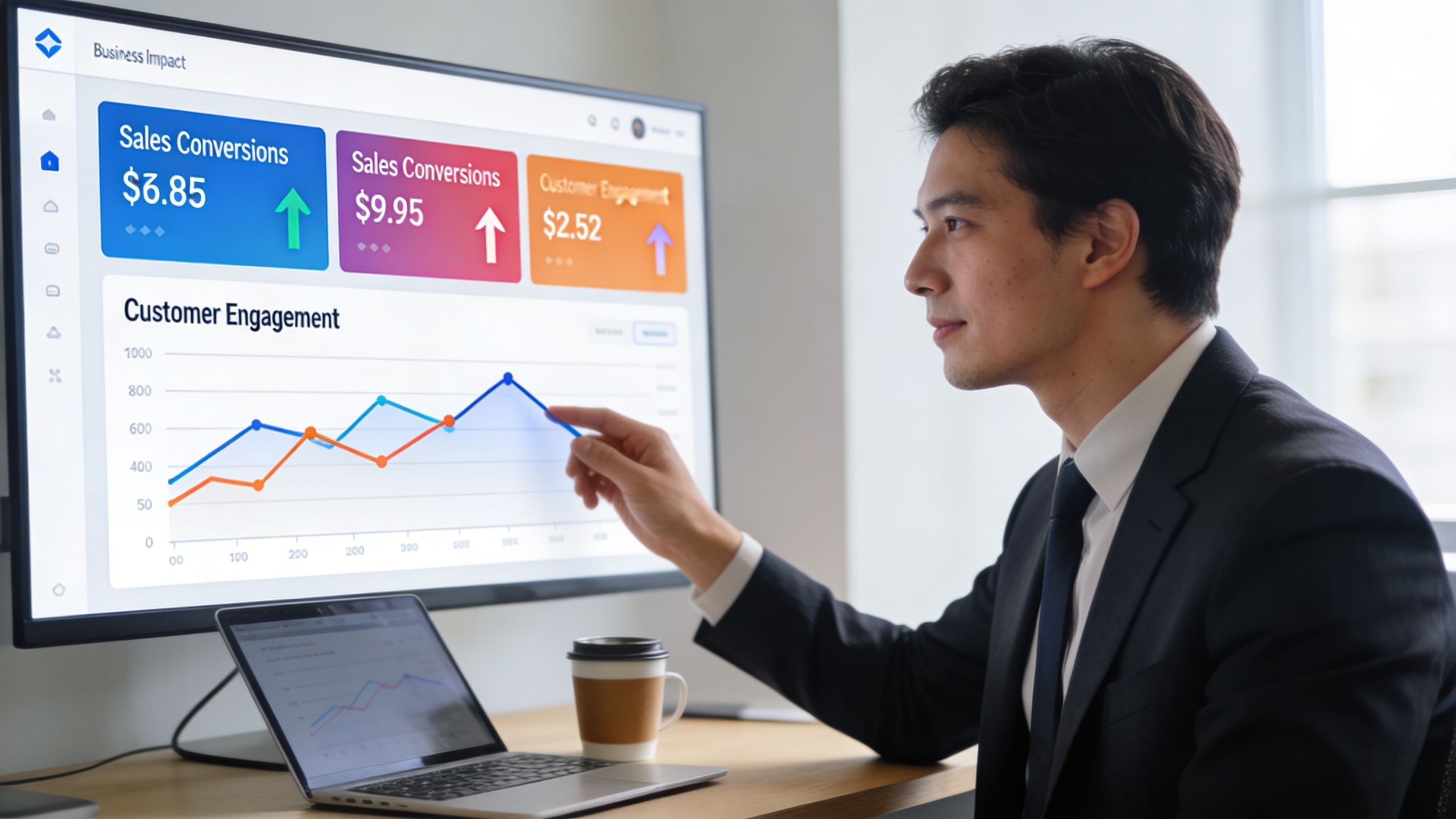 A professional man in a suit points to a business analytics dashboard on a large computer screen.
