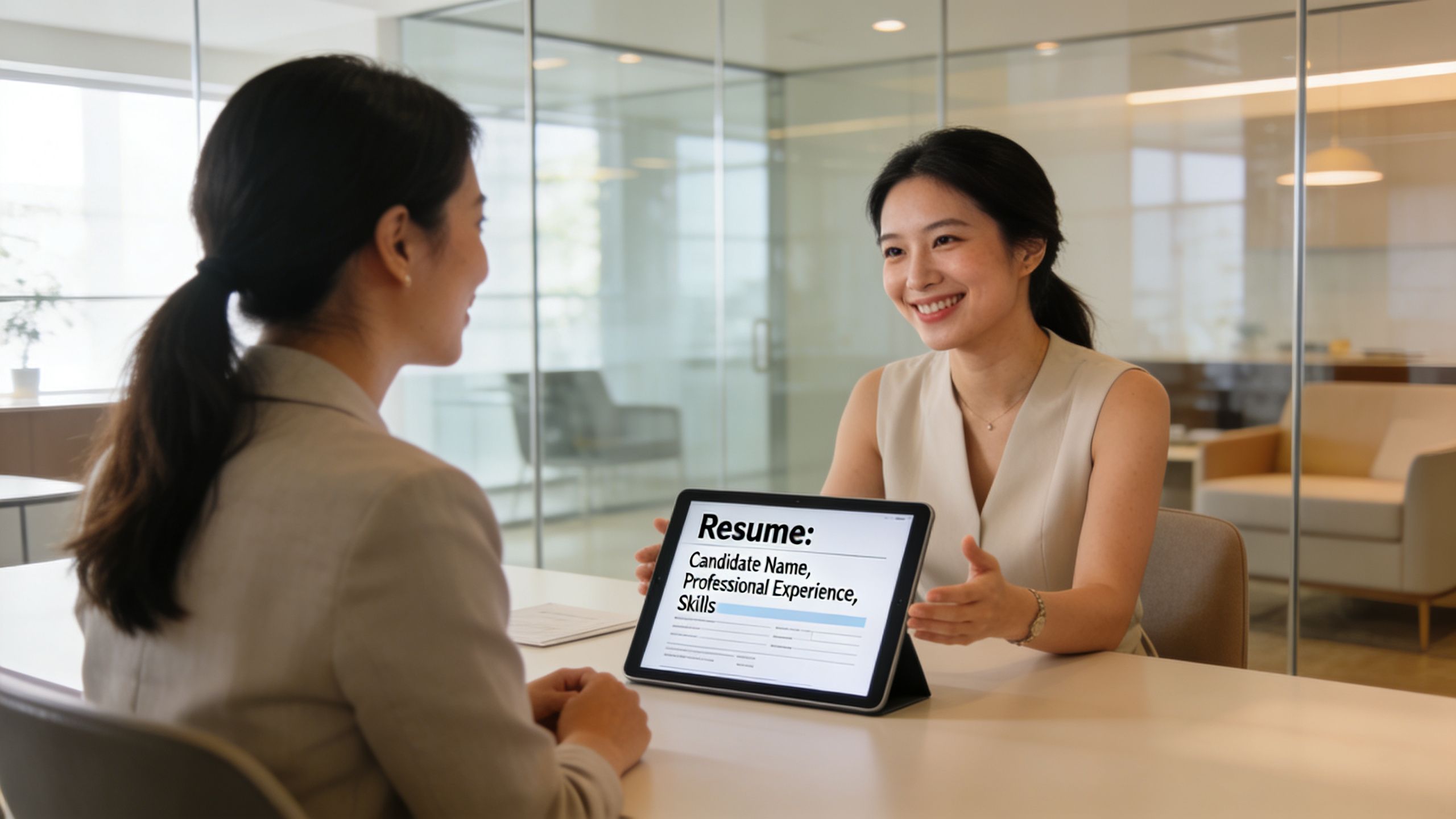 A professional interview session where a candidate presents her digital resume on a tablet to the recruiter.