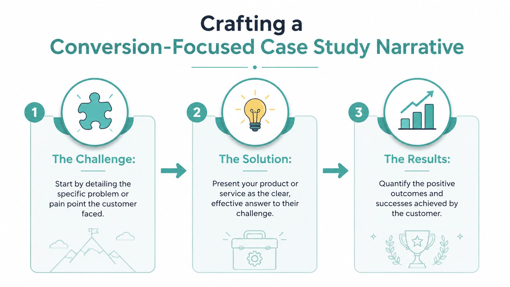 An infographic outlining the three steps to create a conversion-focused case study narrative, challenge, solution, and results.
