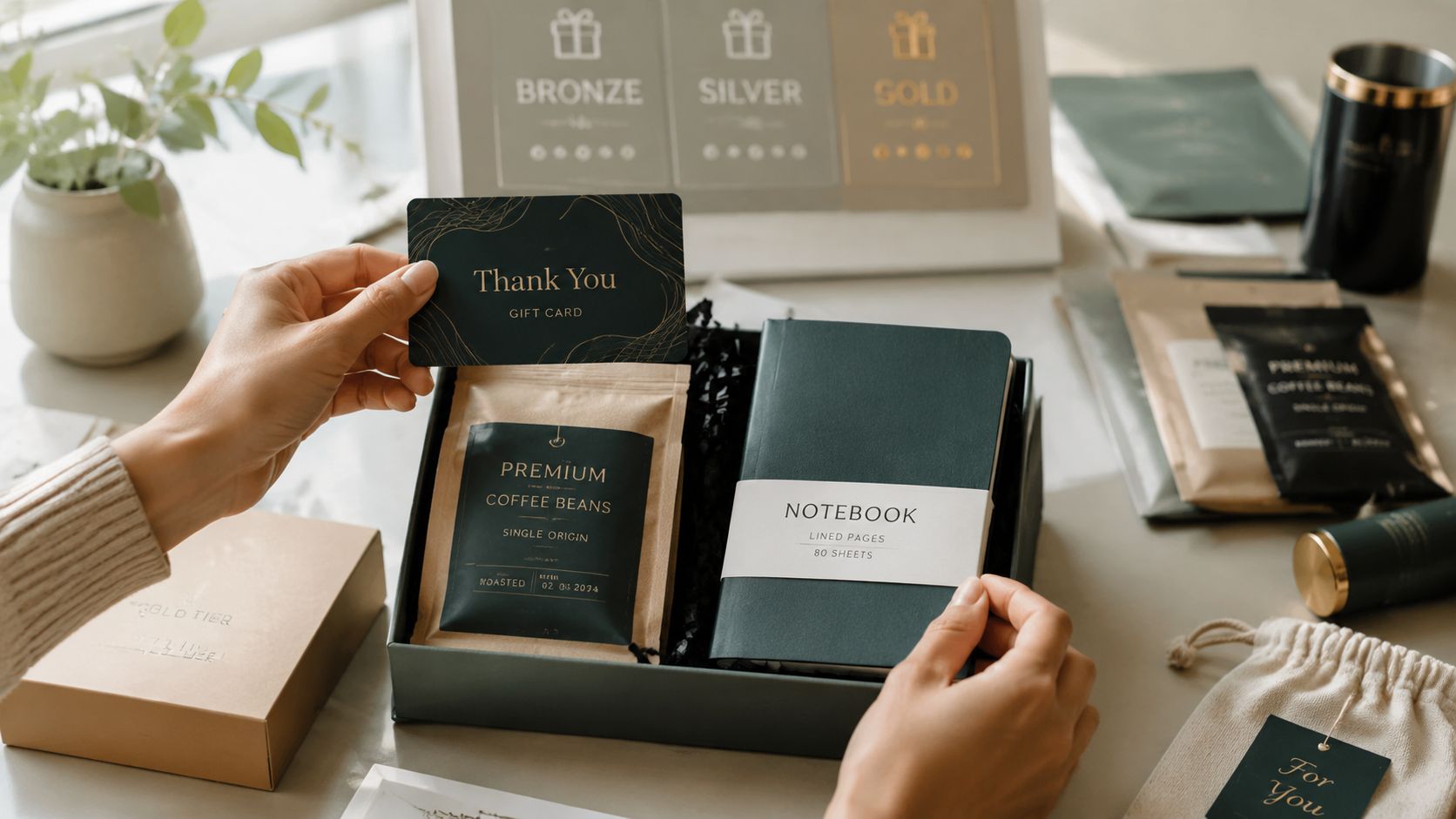 A person unboxing a premium corporate gift set featuring coffee beans, a notebook, and a gift card.