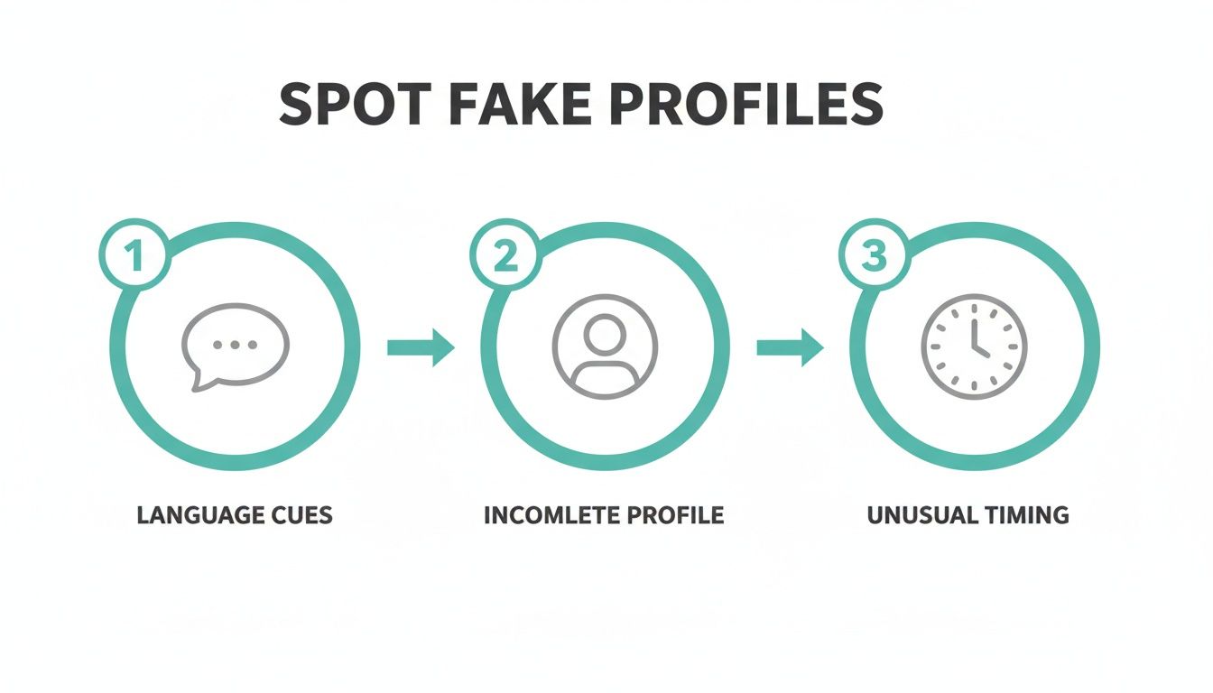 Infographic showing three steps to spot fake profiles: language cues, incomplete profile, and unusual timing.