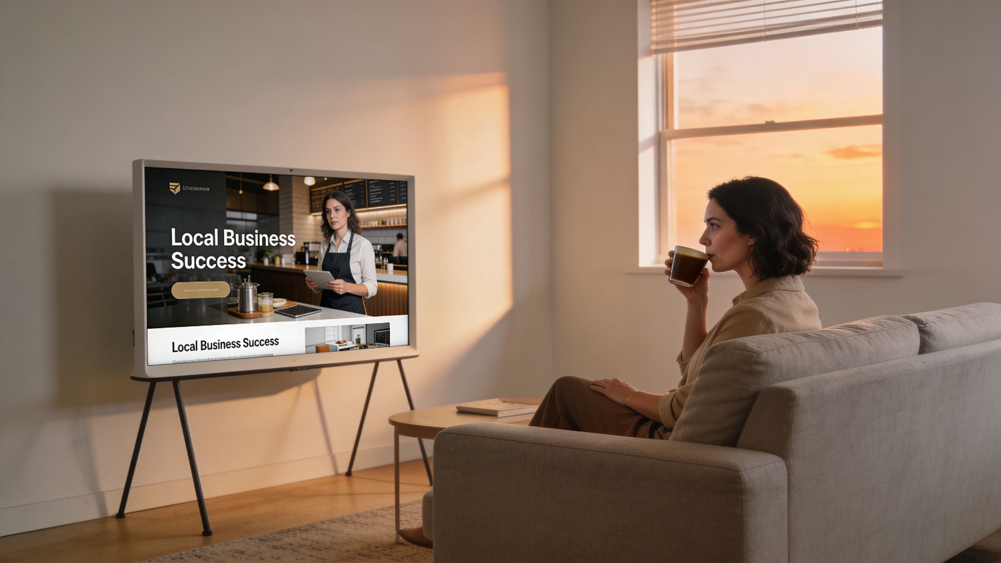 A woman drinking coffee on a sofa while watching a television displaying business website content.