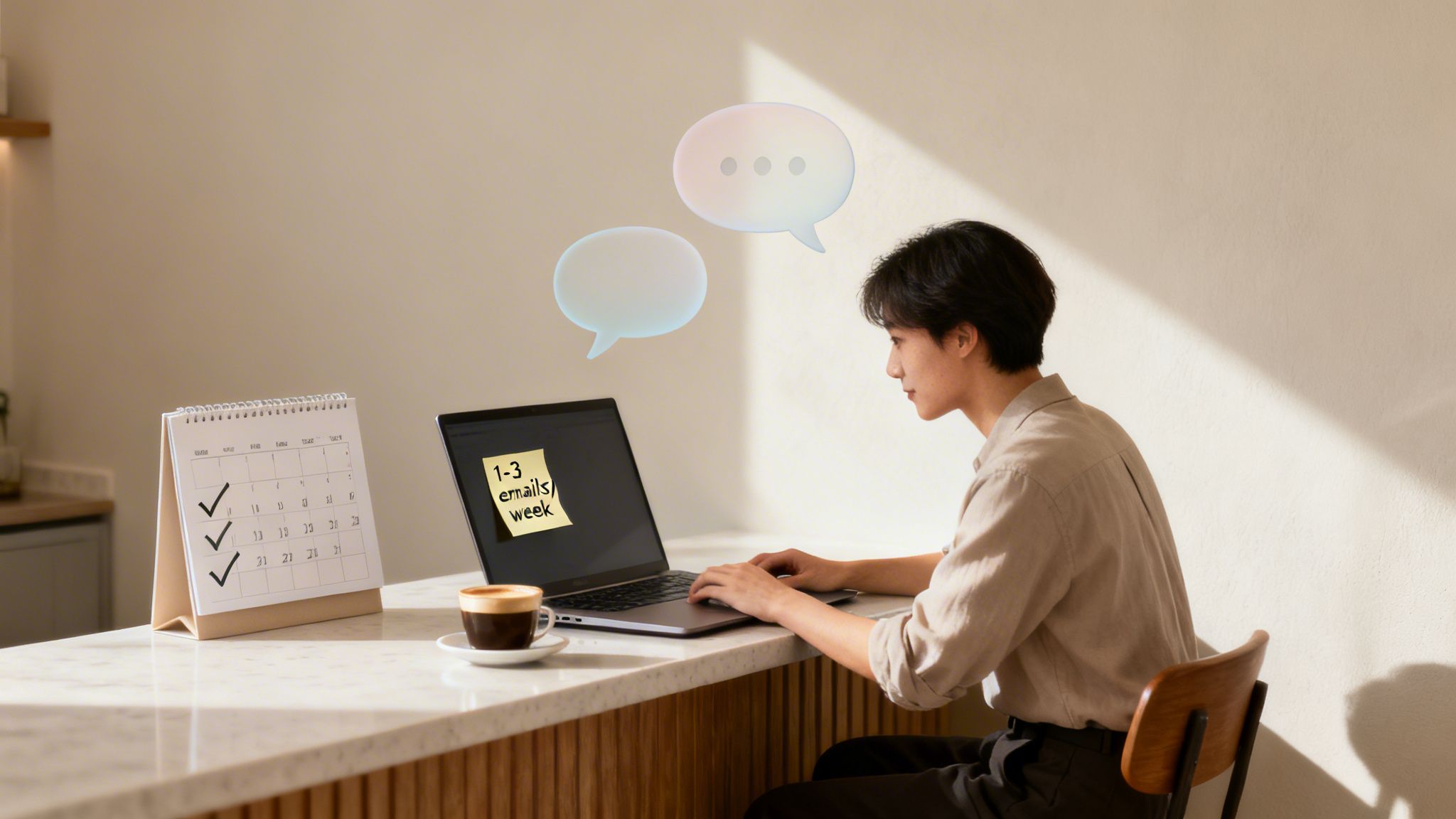 A young person works on a laptop at a desk with a calendar and a note about sending 1-3 emails weekly.