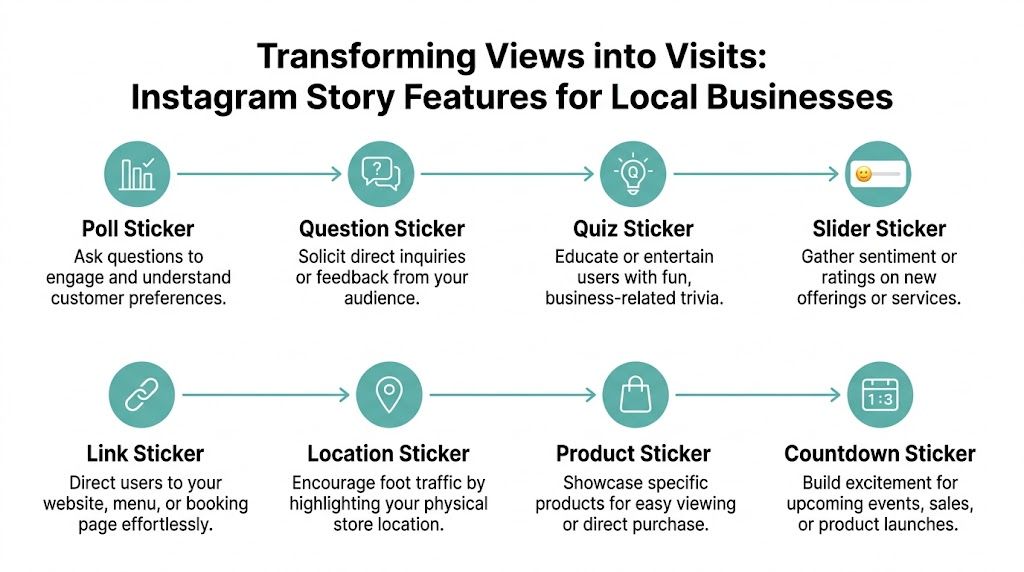 A visual guide showing eight Instagram story stickers that help local businesses increase engagement and drive traffic.