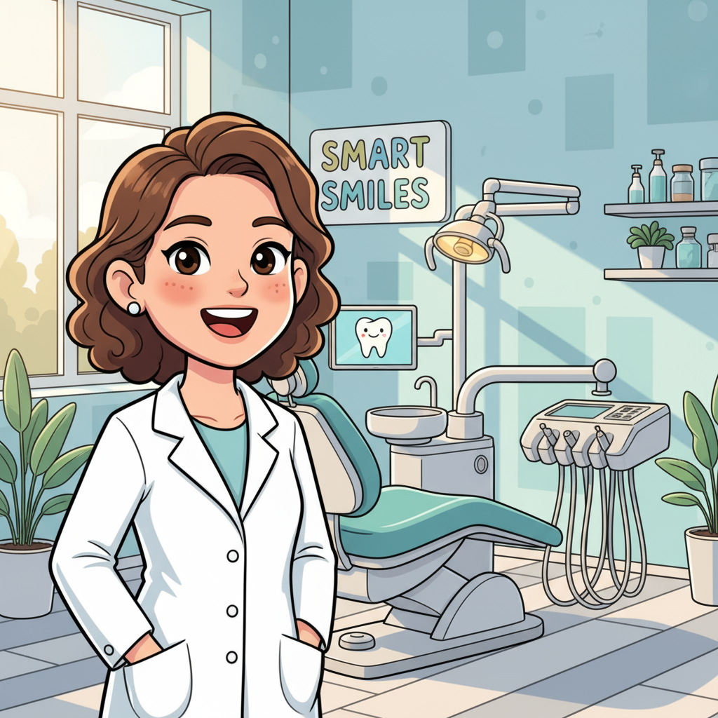 Smiling professional dentist in white coat in bright contemporary dental office with modern equipment and welcoming atmosphere, representing family dentistry and dental care services for TV advertising to attract new patients and families.