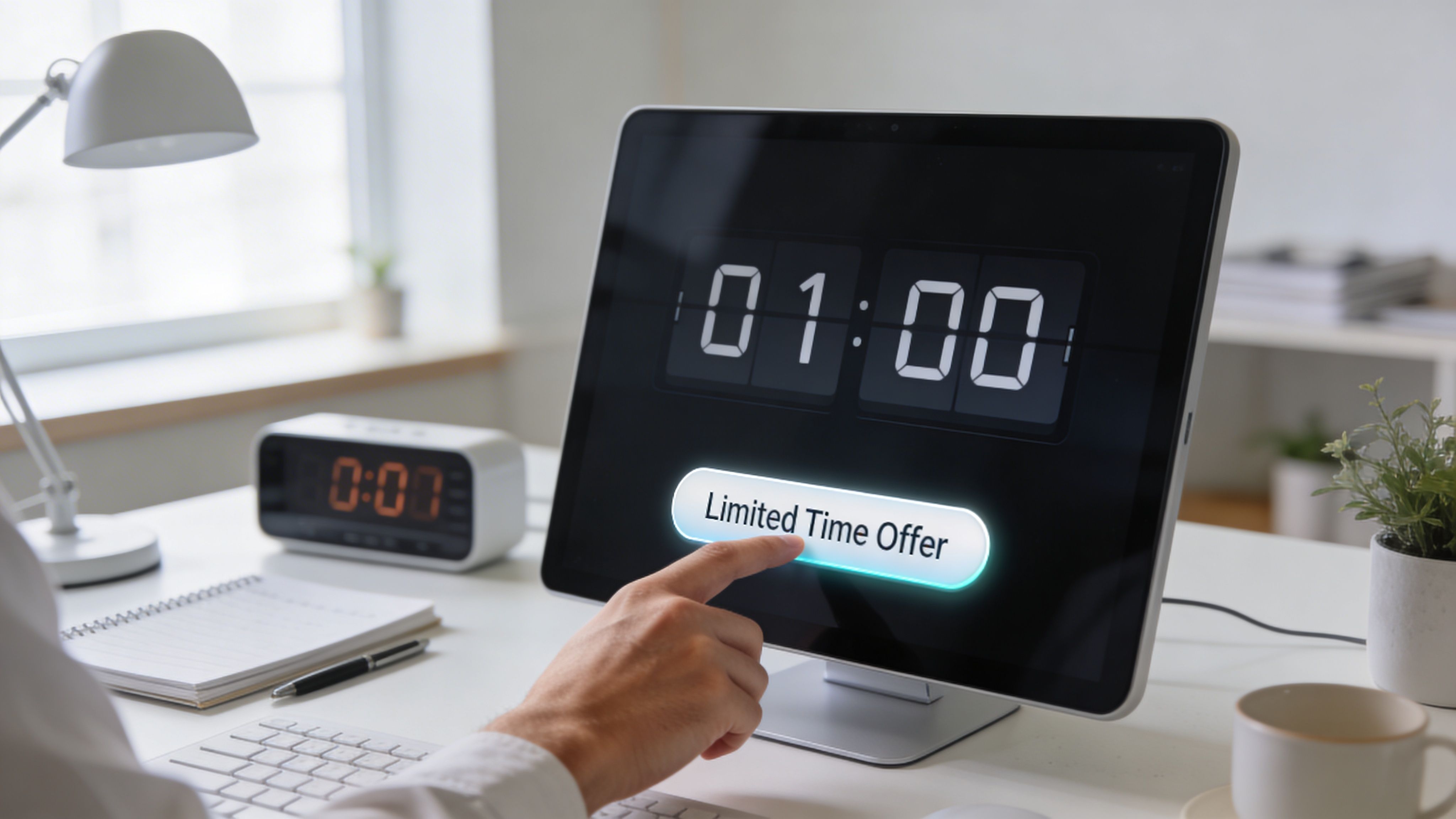 A person pressing a digital button on a screen showing a timer for a limited time offer.