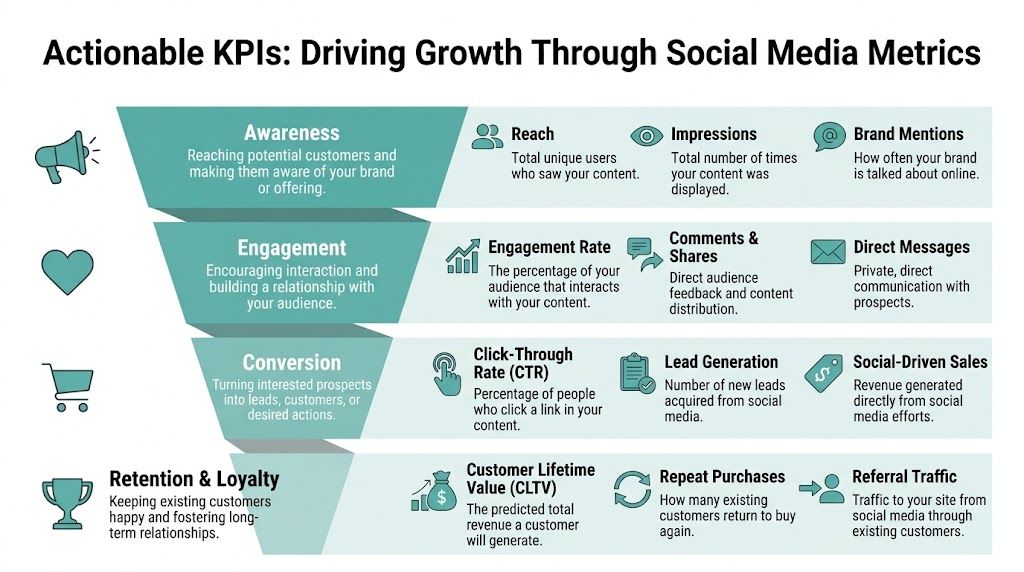 A funnel infographic detailing social media KPIs for four stages: awareness, engagement, conversion, and retention and loyalty.