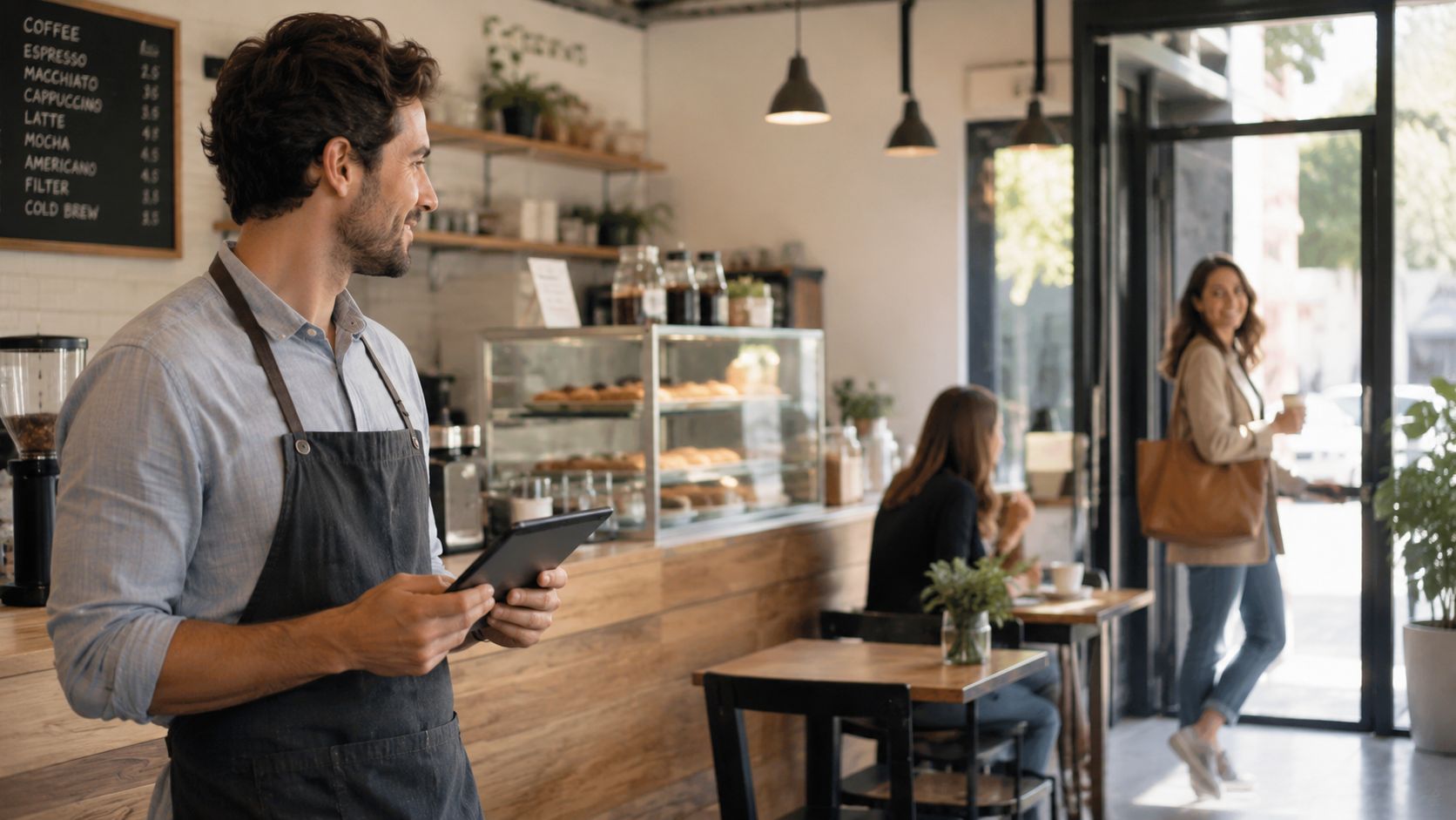 A friendly barista holding a digital tablet in a cozy coffee shop while a customer enters.