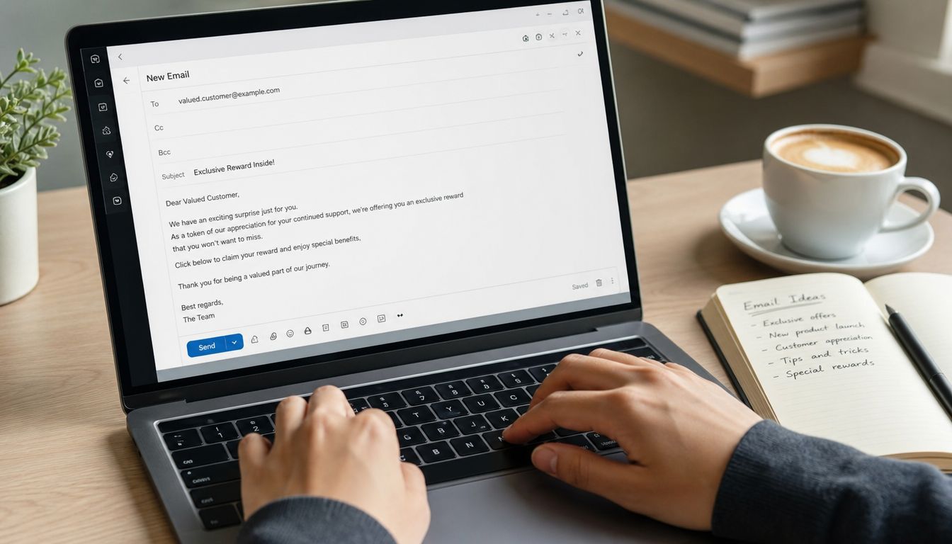 Person typing a loyalty reward email on a laptop next to a cup of coffee and notebook.