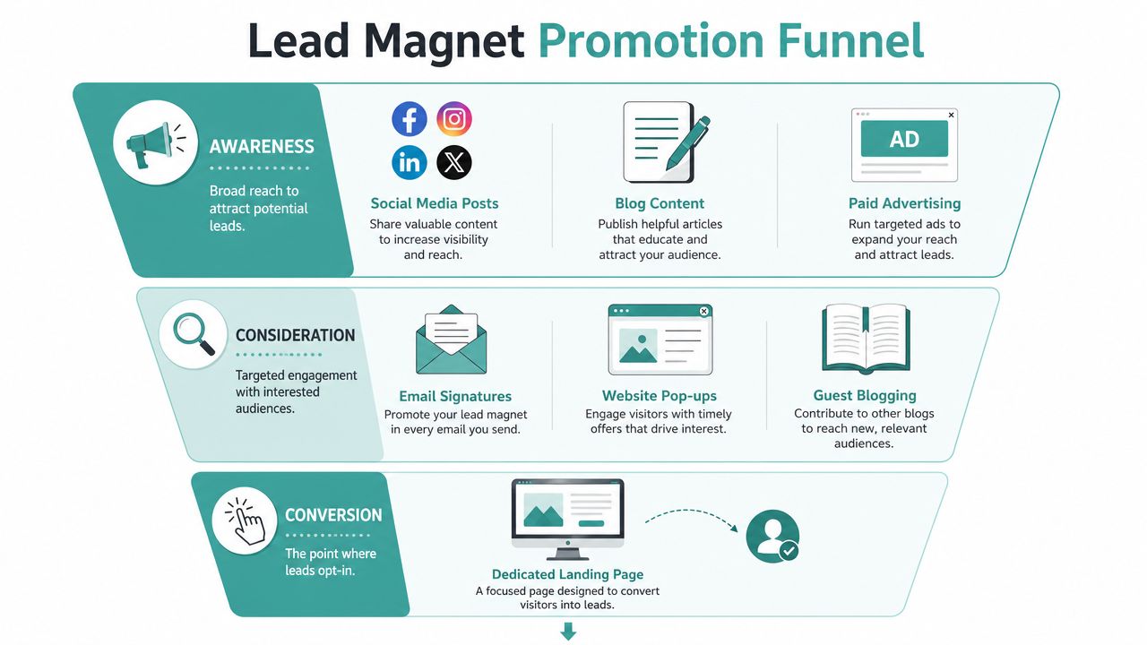 A funnel diagram illustrating the lead magnet promotion process from awareness and consideration to final conversion.