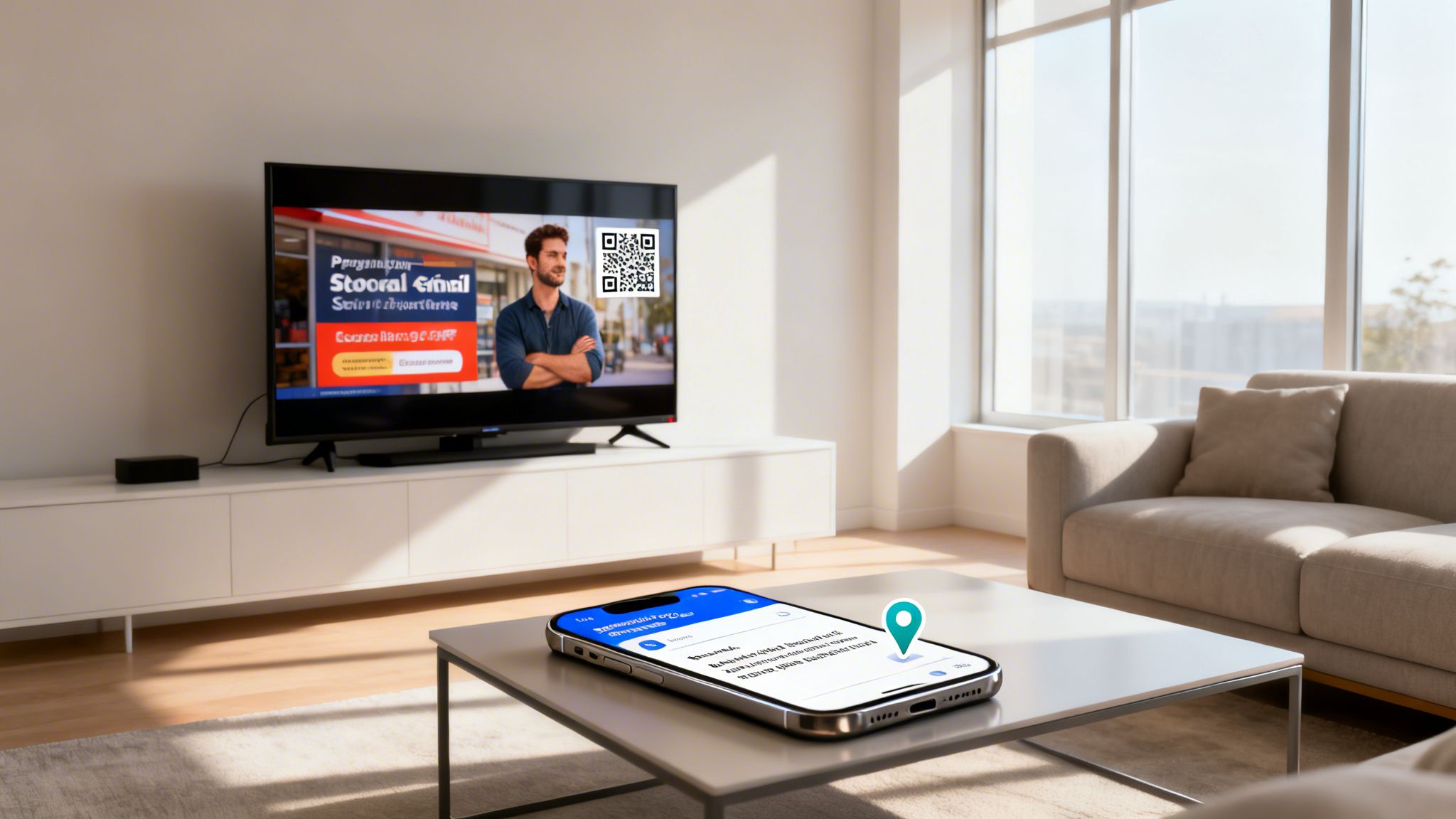 A modern living room featuring a TV displaying a digital advertisement and a smartphone on a coffee table.