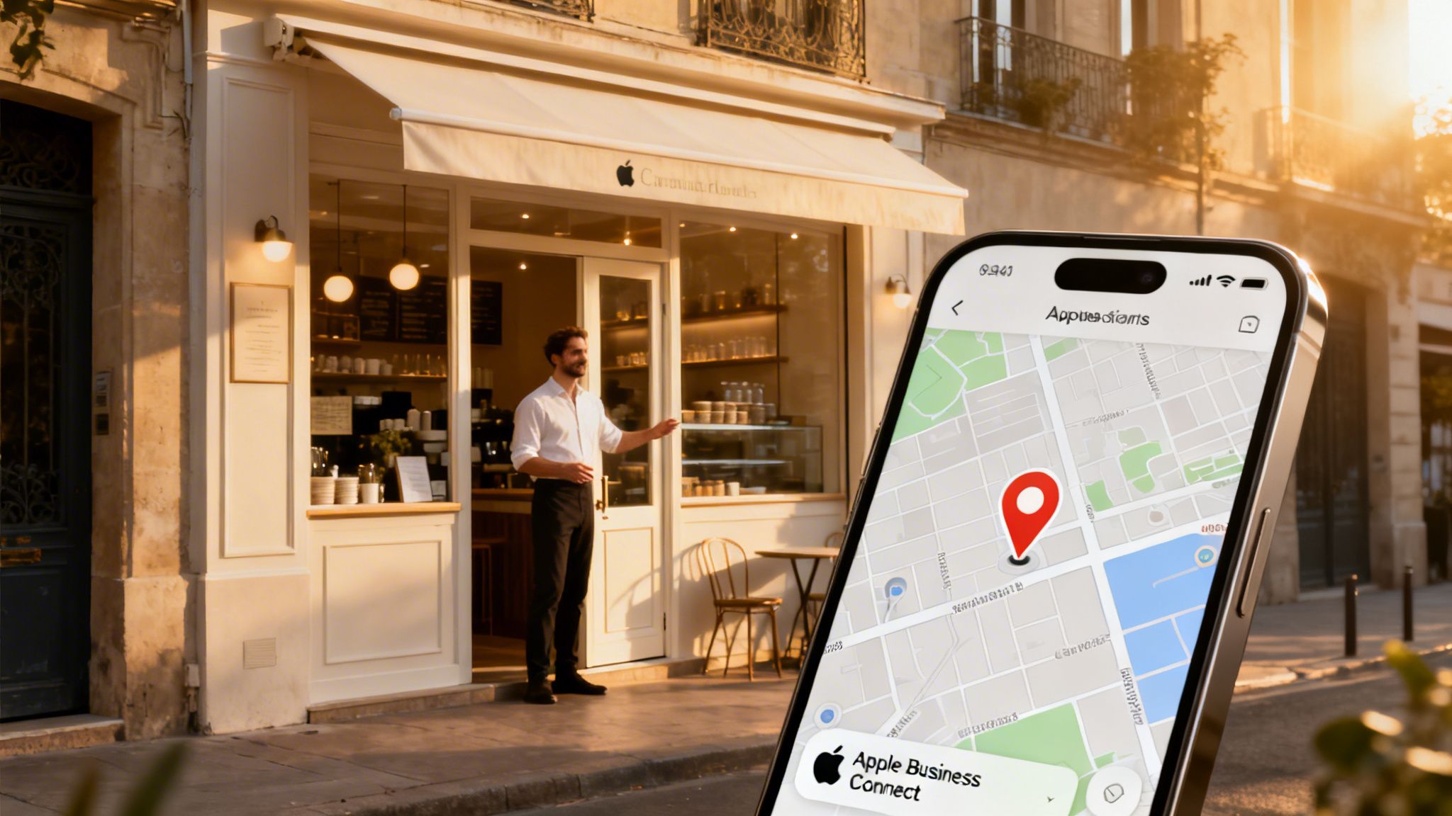 A man stands outside a charming cafe with an Apple logo awning, while a smartphone in the foreground displays Apple Business Connect with a map and location pin.