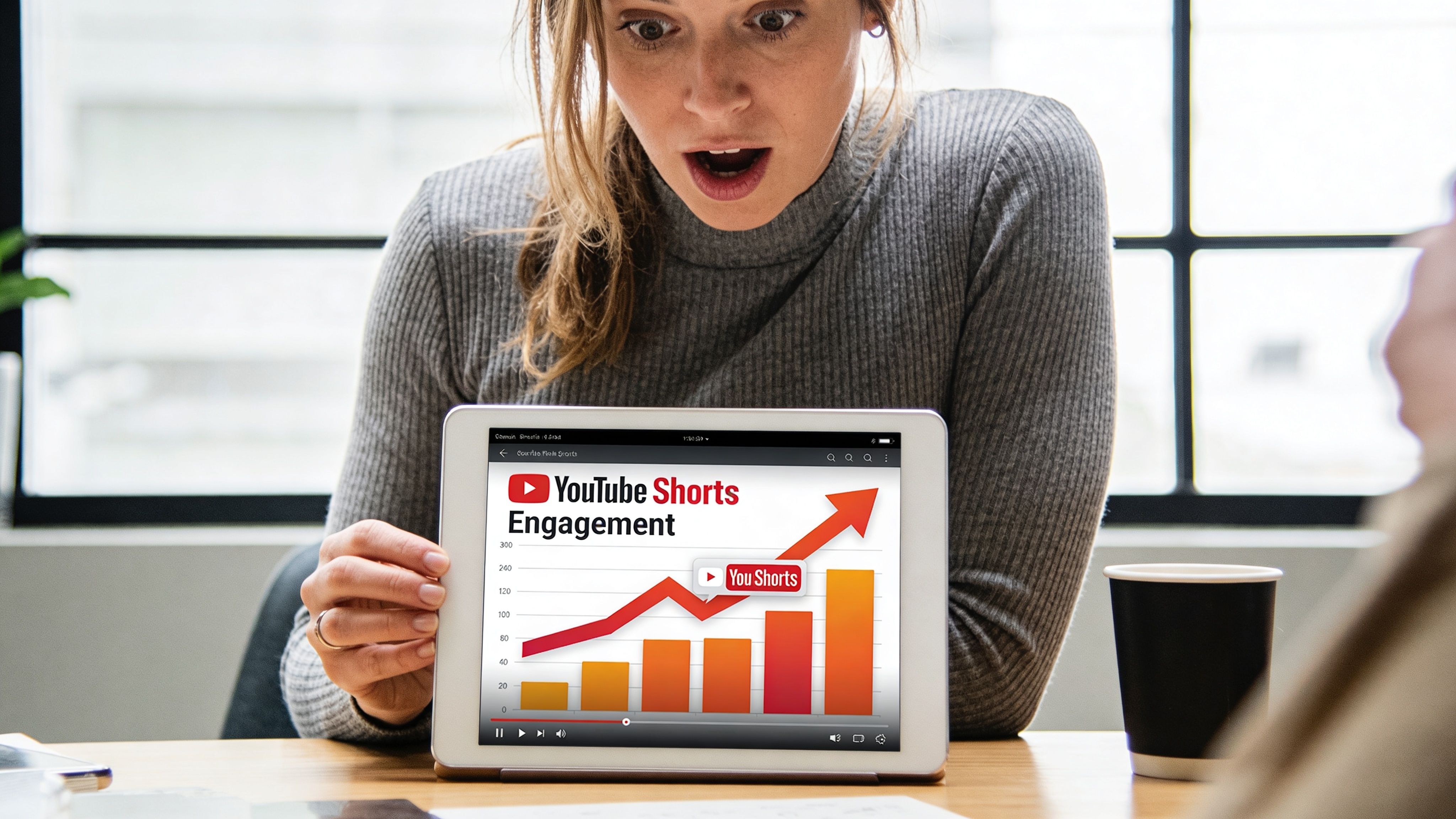 A surprised woman holding a tablet displaying a rising growth chart about YouTube Shorts engagement analytics.