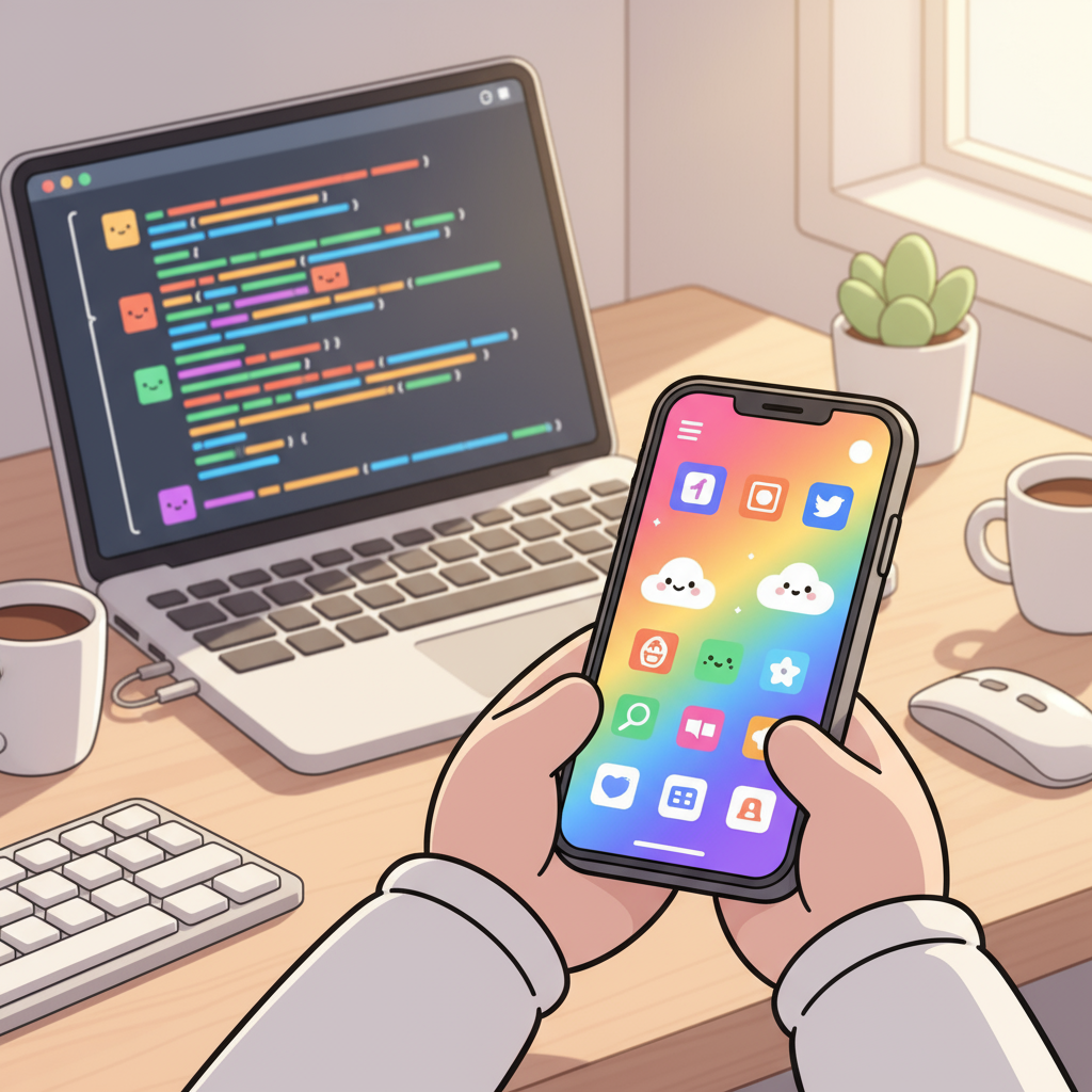 Colorful mobile application interface on modern smartphone with laptop and development workspace, representing mobile app user acquisition through connected TV and streaming platform advertising.