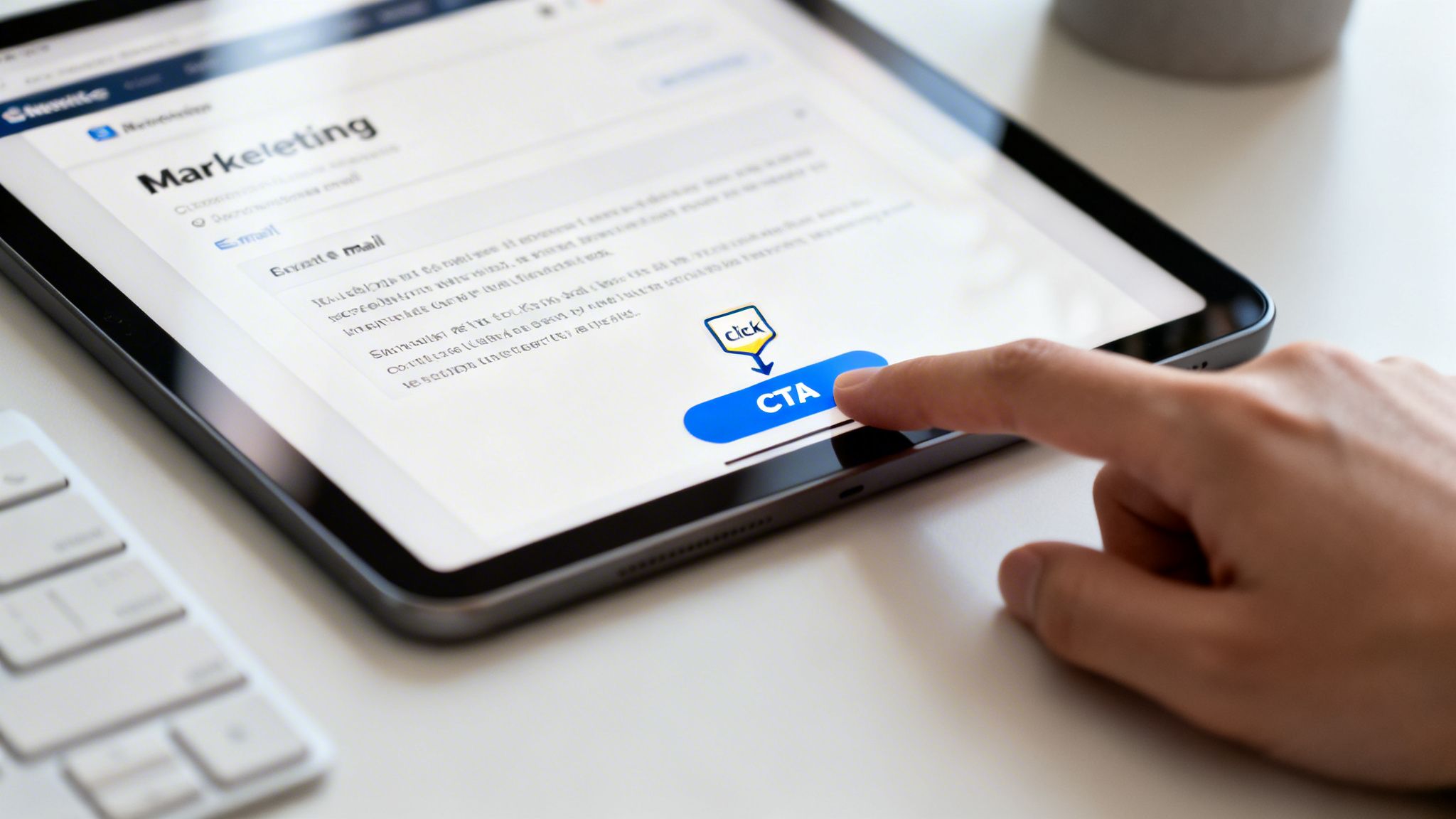 A hand taps a 'CTA' button on a tablet displaying a 'Markeleting' email campaign.