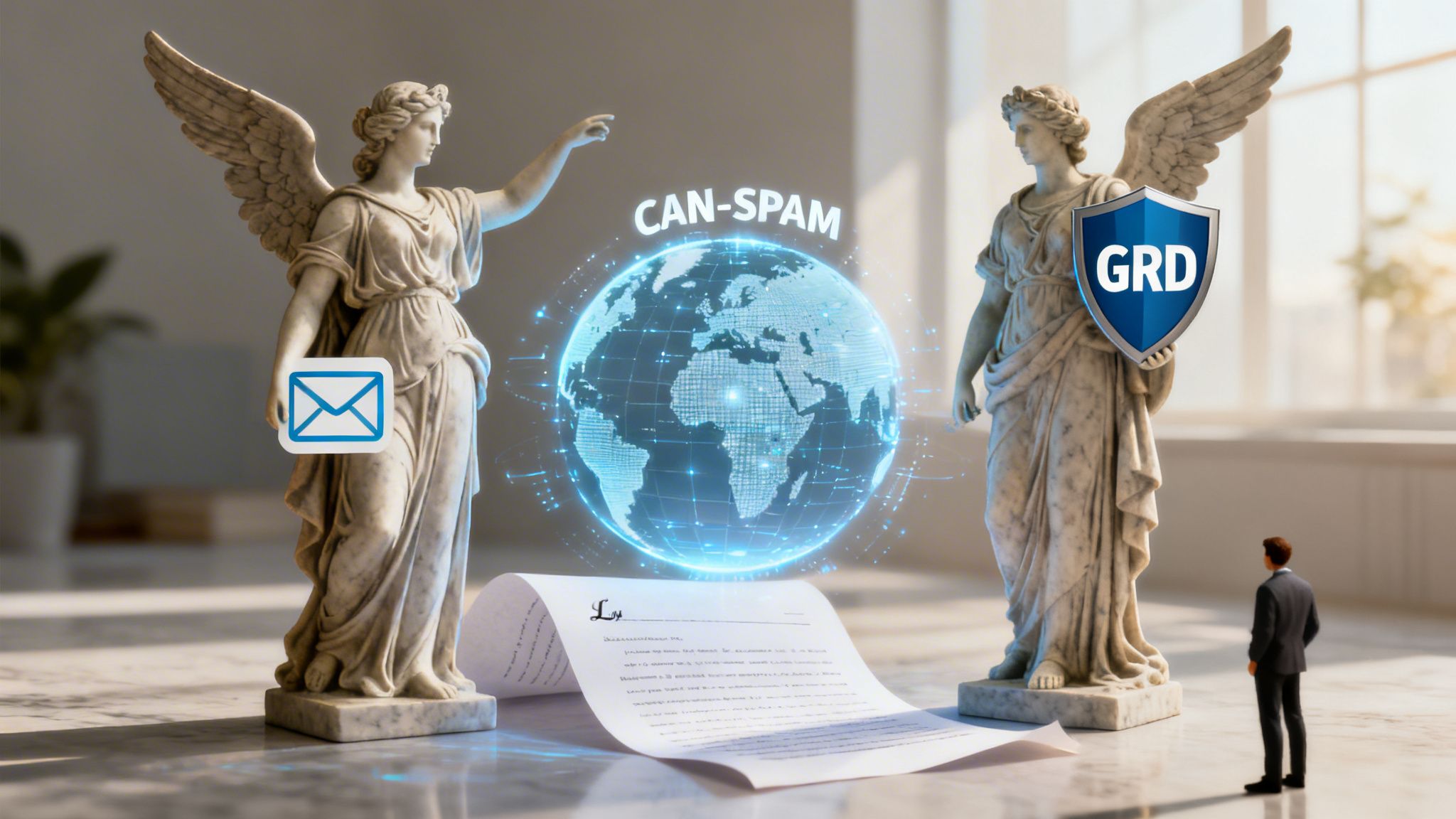 Statues representing digital security laws alongside a globe, an email icon, and a business professional figure.