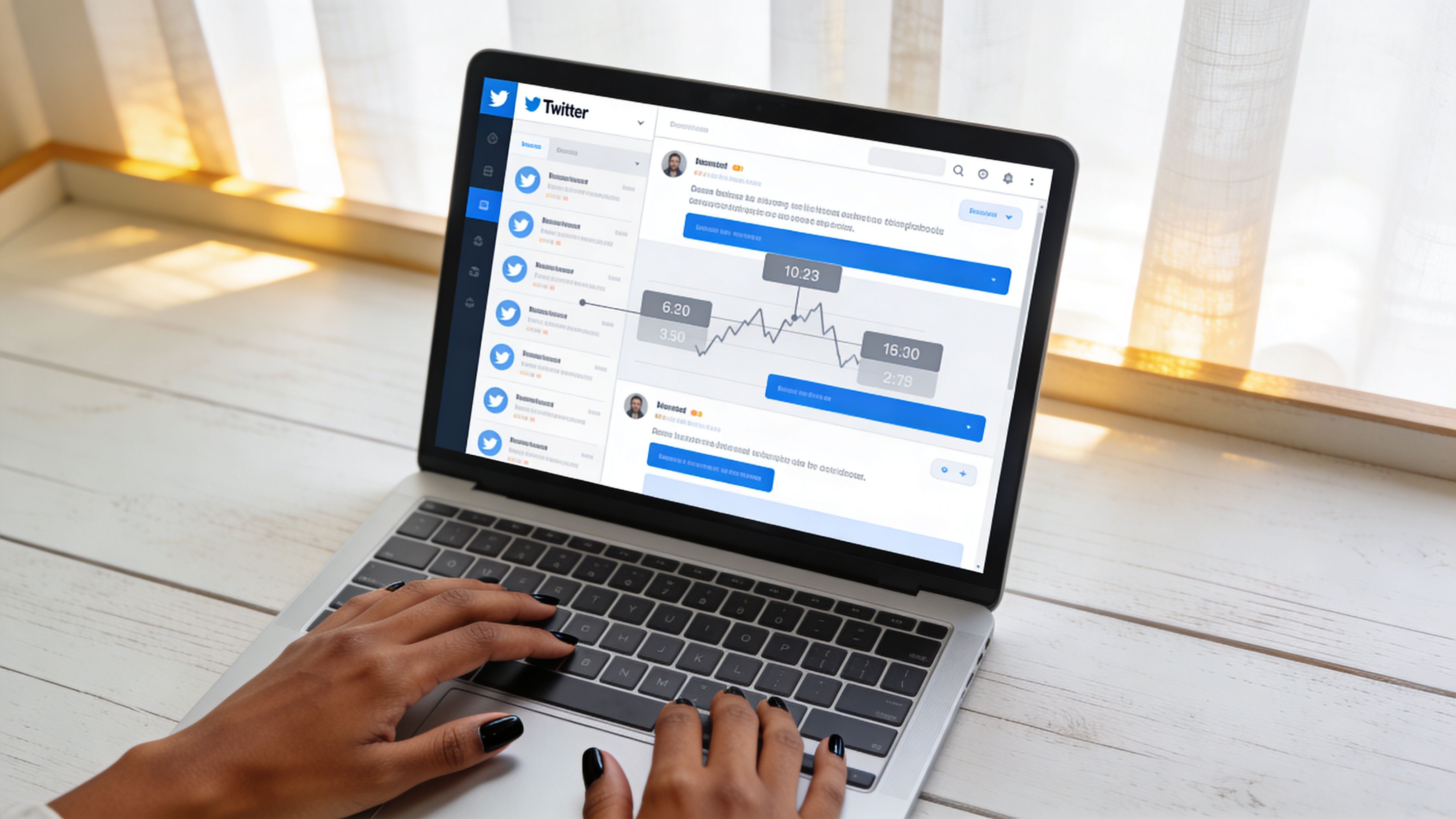 A person typing on a laptop displaying a Twitter social media interface with data analytics charts.