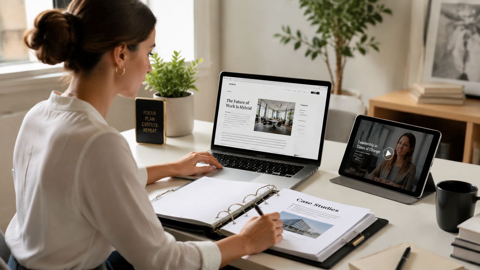 A professional woman working at a desk with a laptop, tablet, and organized binder in an office.