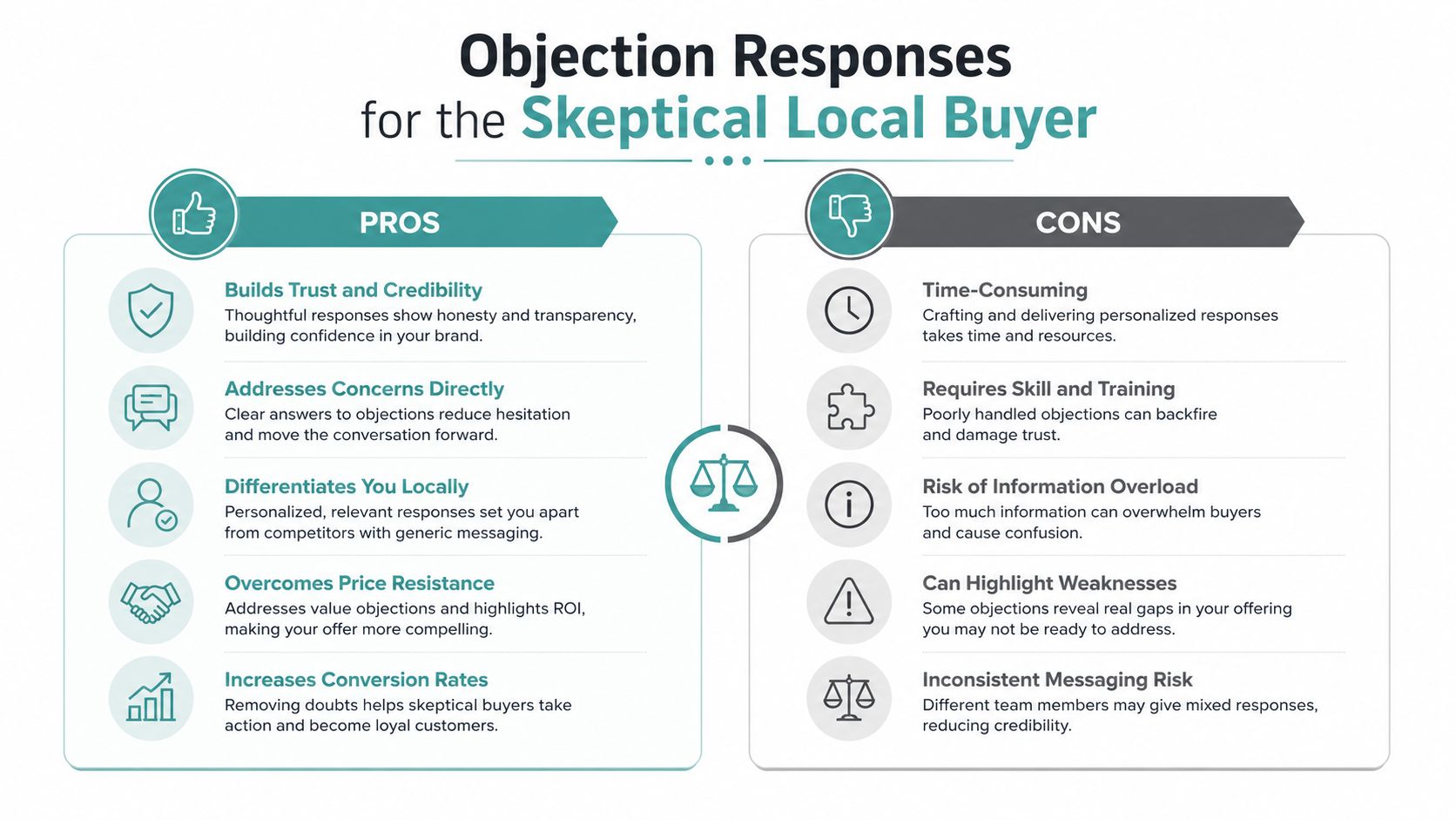A comparative infographic showing the pros and cons of using objection responses for skeptical local buyers.