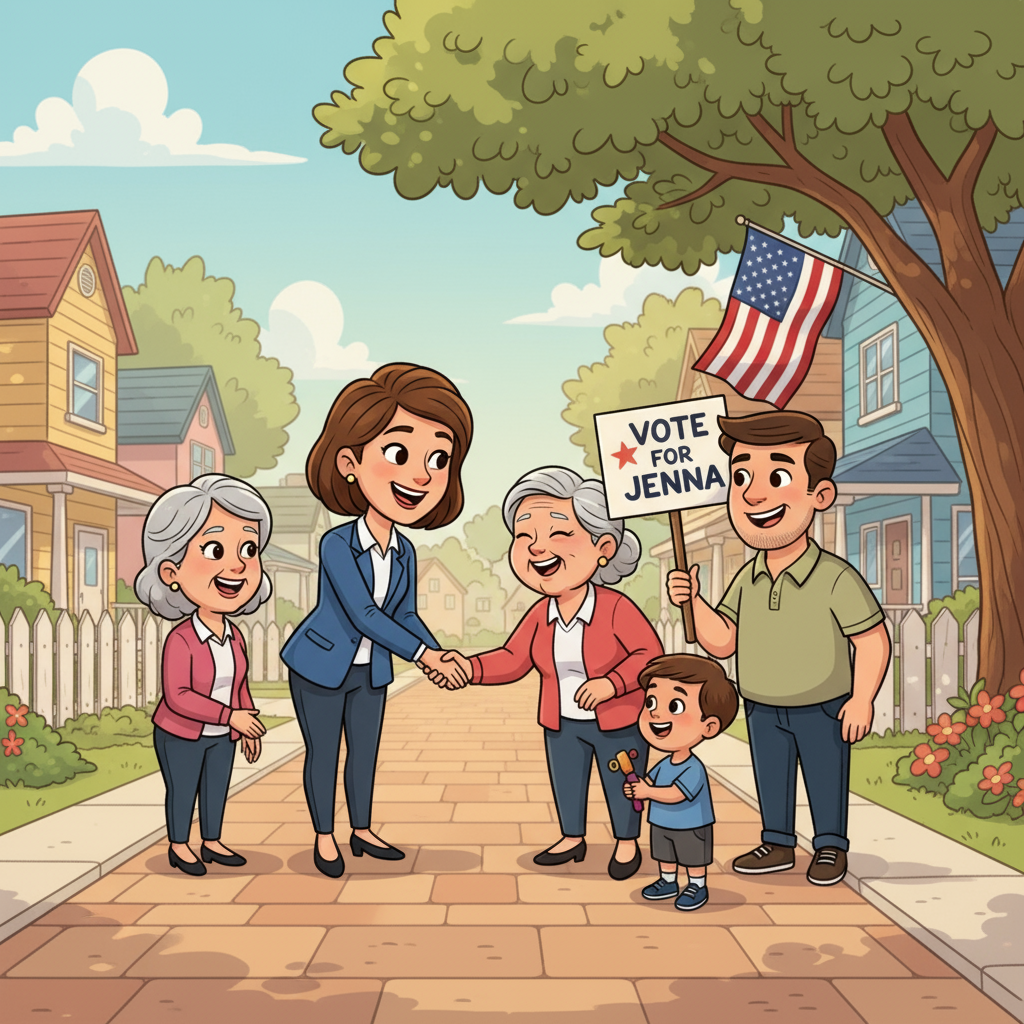 Grassroots political candidate engaging with diverse group of constituents in suburban community setting, representing local and state election campaign TV advertising for city council, school board, and legislature races.