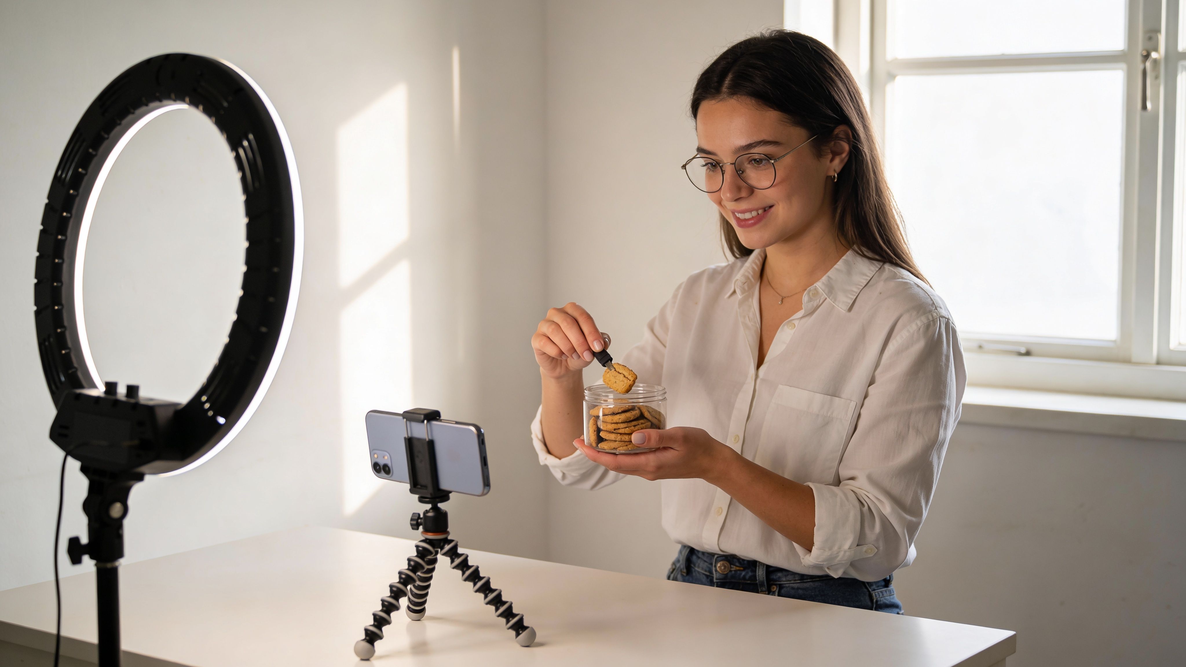 A smiling woman recording a video about cookies for social media using a ring light and smartphone.