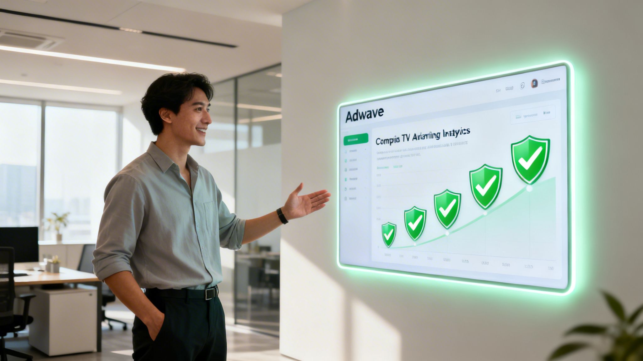A professional man presenting a dashboard showing compliance growth trends and security shield icons on a screen.