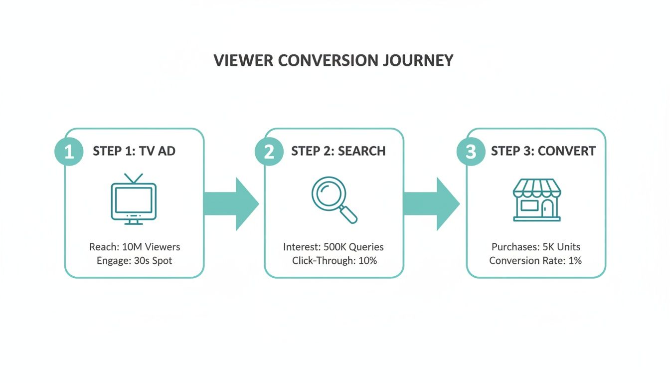 A flowchart illustrates a viewer conversion journey from TV ad reach, through search interest, to product purchase.