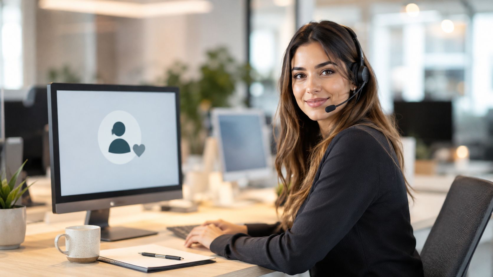 A friendly customer support representative wearing a headset sits at her desk in a modern office.