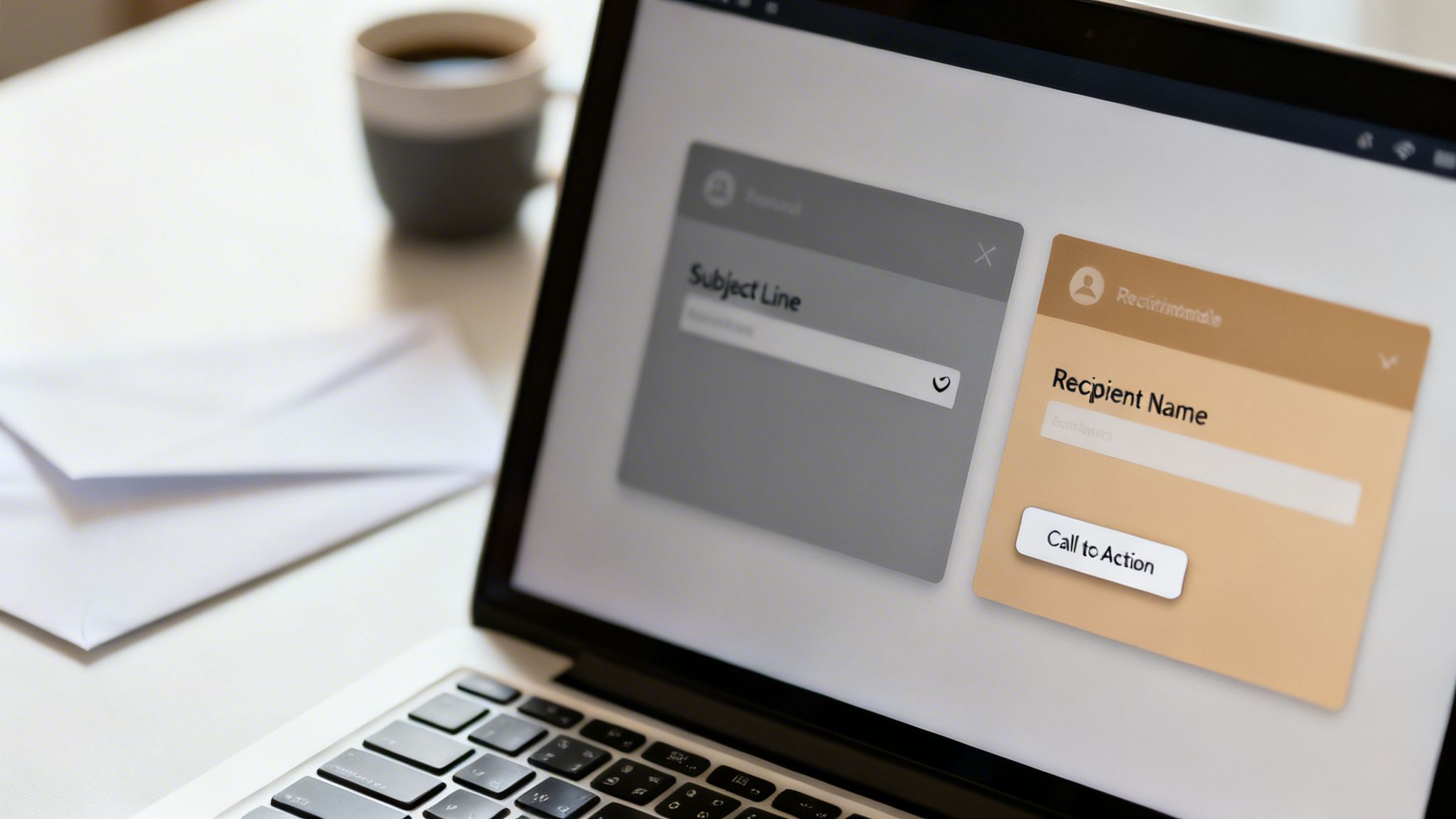 A laptop on a desk displaying email forms for subject line and recipient, next to a coffee cup.
