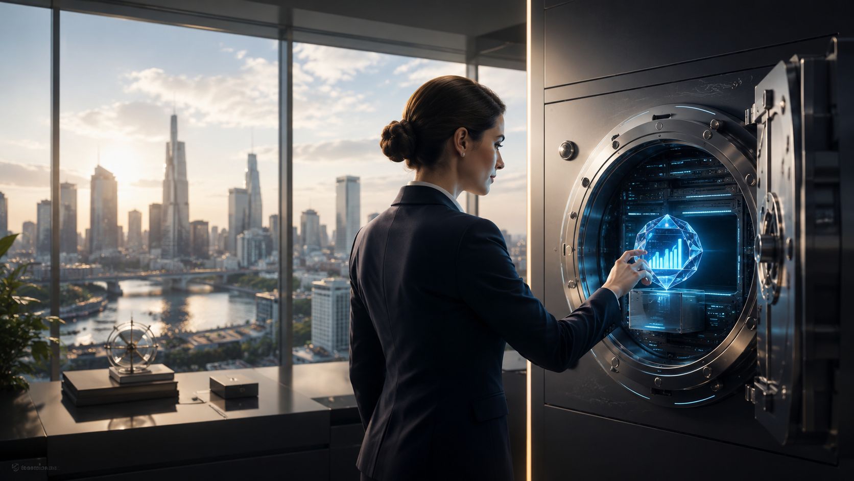 A professional woman in a suit touches a holographic data chart inside a futuristic circular vault.