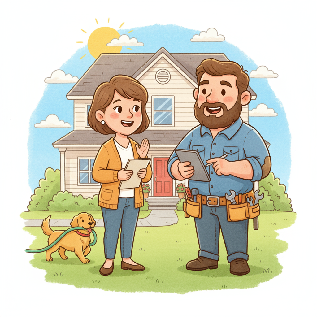 Professional general contractor in work attire with tool belt consulting with homeowner in front of suburban home, representing trusted home improvement and remodeling services for local TV advertising.