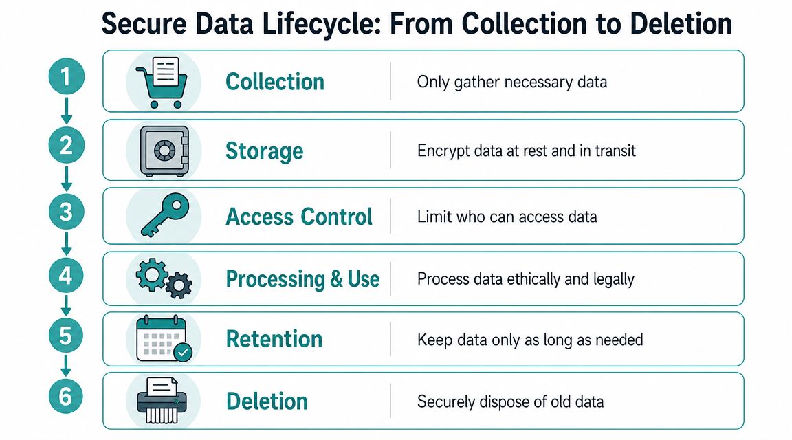 An infographic showing the six stages of the secure data lifecycle from collection to final deletion.